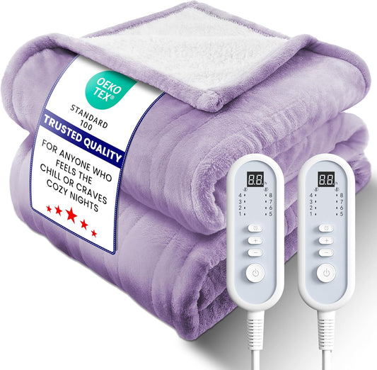 Electric Heated Blanket Queen, Ultra‑Cozy Premium Flannel & Sherpa, Even Heat Distribution & Stable Temp, 1–10H Auto‑Off, 8 Temps (86–125.6°F), Overheat Protection, Ideal Gifts for Grandma