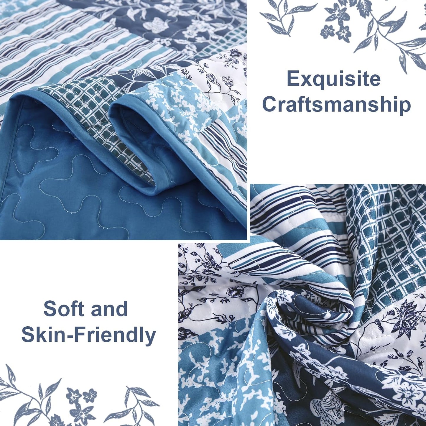 Mybedsoul Navy Blue Quilt Set King Size, 3 Pieces Plaid Floral Bedspread Set Patchwork Reversible Bedding Set Microfiber Lightweight Bedspread Coverlet Set for All Season 110"x90"