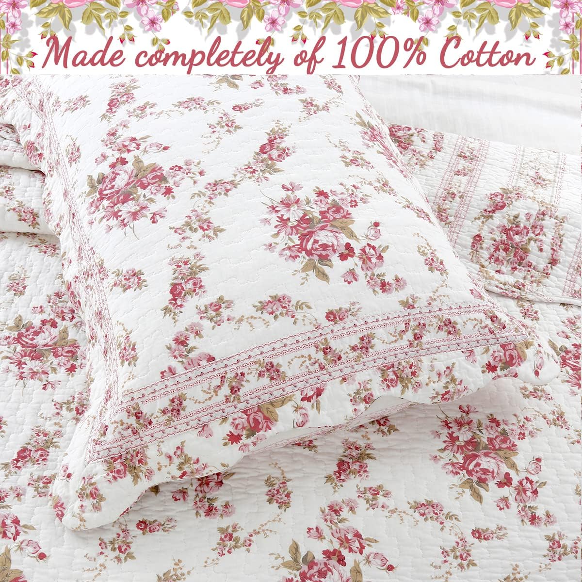 Cozy Line Home Fashions 100% Cotton Quilt Bedding Set, Pink Floral Reversible Coverlet Bedspread (Vintage Rose, Twin - 2 Piece)