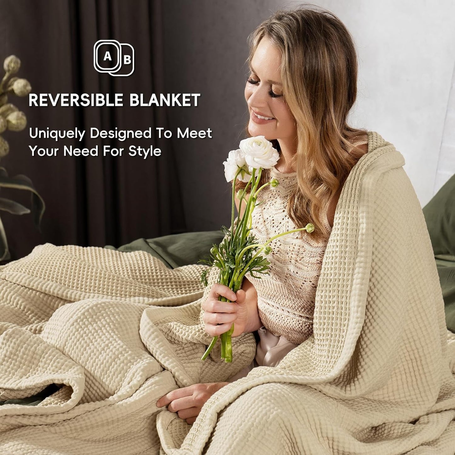 PHF 100% Cotton Waffle & Muslin Blanket King Size, Soft Breathable Luxury 400GSM Versatile Reversible Bedding for Bed, Great for Layering in Cold Weather, Home Decor Gift, 104" x 90", French Oak