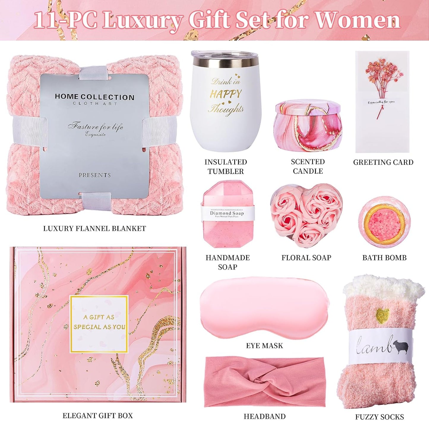 11-Piece Luxury Gift Set for Women - Birthday Gifts, Get Well Soon, Spa Self Care Package with Flannel Blanket, Scented Candle, Tumbler & More
