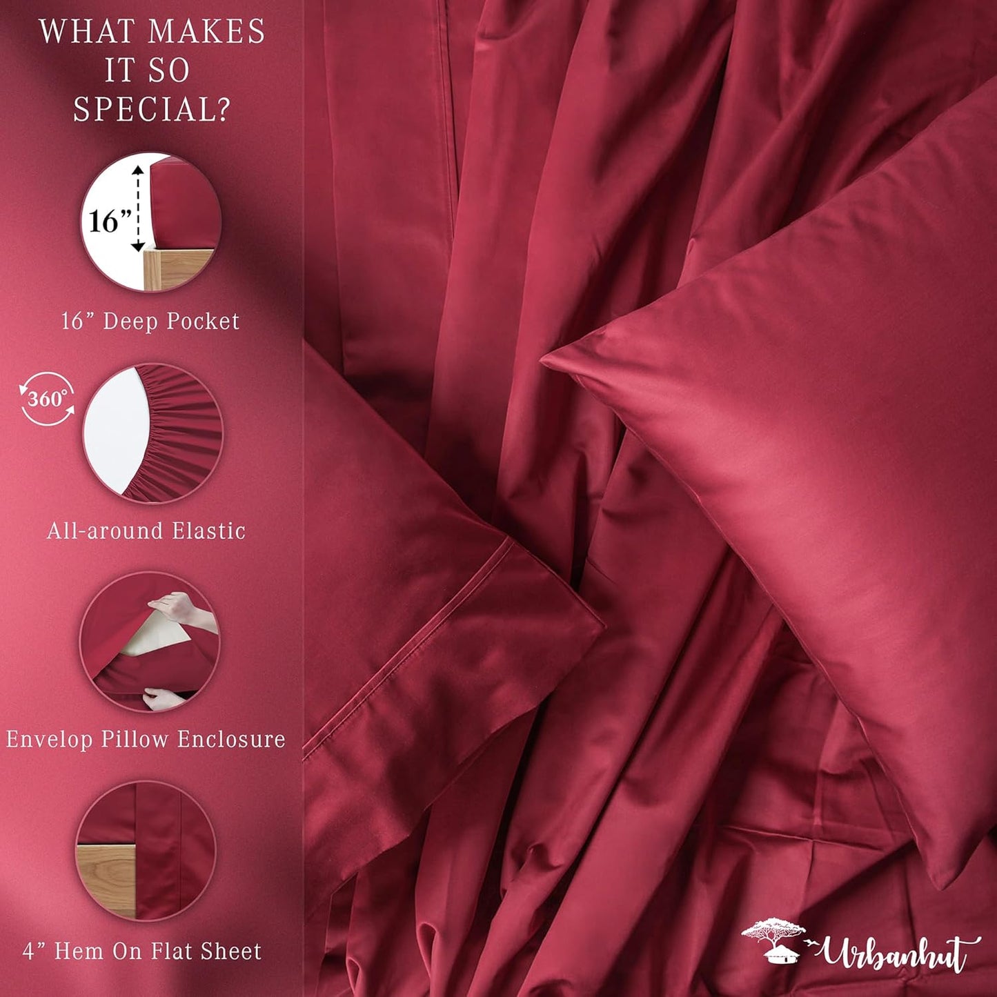 URBANHUT 1000 Thread Count Queen Bed Sheets Egyptian Cotton Sheet Set, Long Staple Soft & Breathable, 4 Pc Bed Sheet Sets, Luxury Hotel Sateen Sheets Fits 16" Deep Pocket - Burgundy