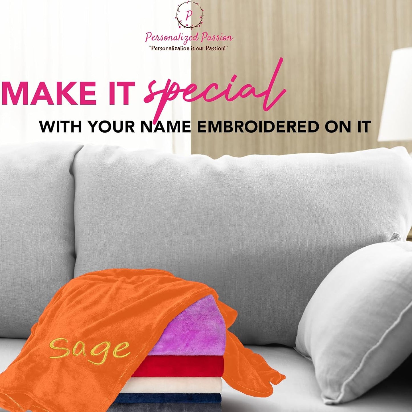 Personalized Blankets for Adults - Custom Blanket with Embroidered Name or Monogram - Soft Fleece Throw Cover for Bed & Couch - Orange (40"x60")