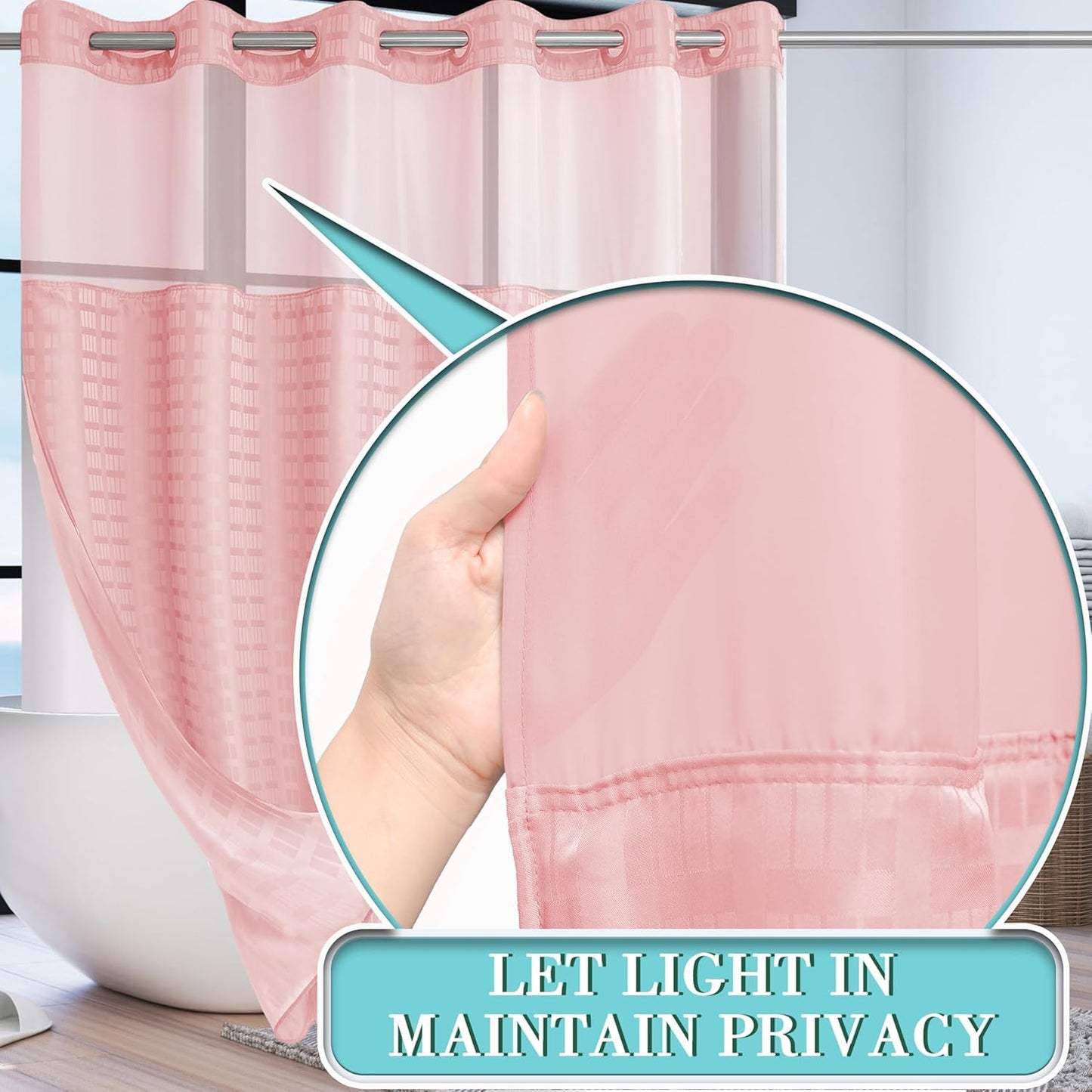 Conbo Mio Extra Wide No Hook Shower Curtain with Snap in Liner Set, 108" x 74" Hotel Luxury Pink Shower Curtains for Bathroom with See Through Top Window, Waterproof, Washable 108W x 74H