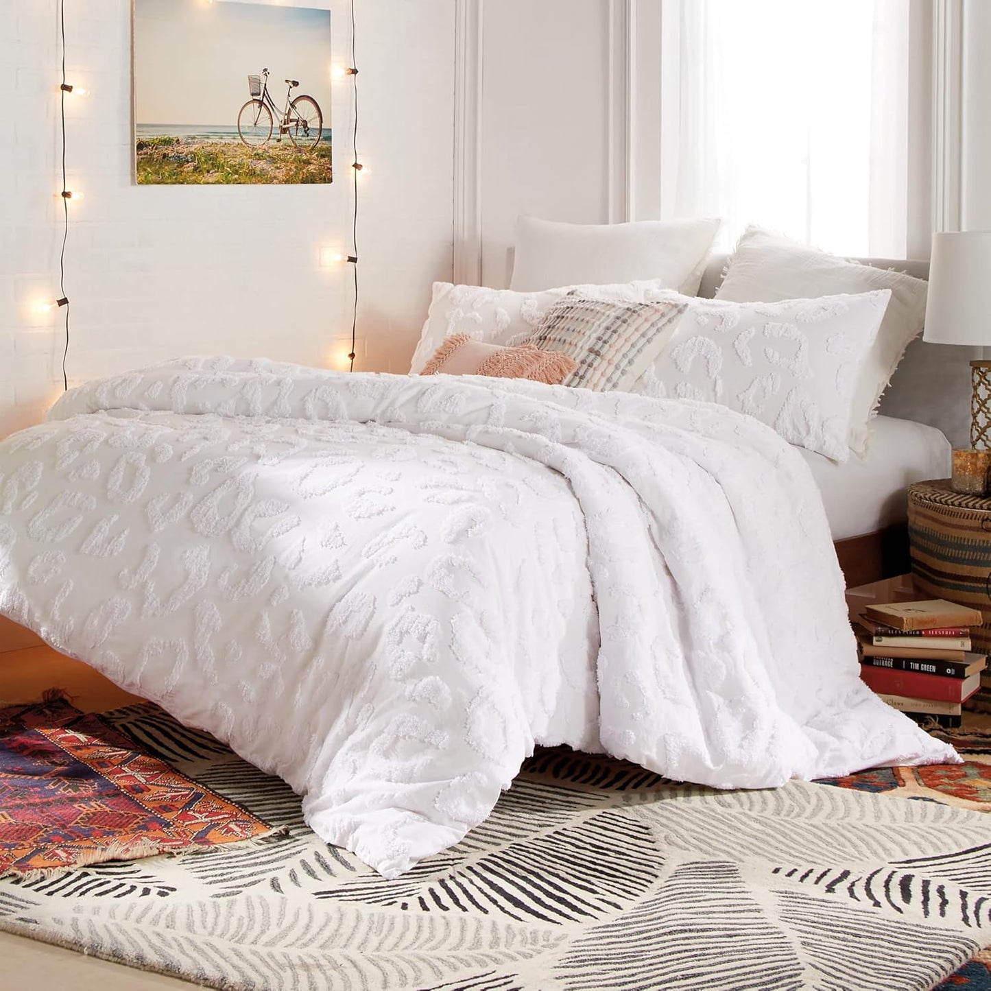Peri Home Chenille Leopard 100% Cotton 3-Piece Duvet Cover & Sham Set, King, White Chenille Leopard
