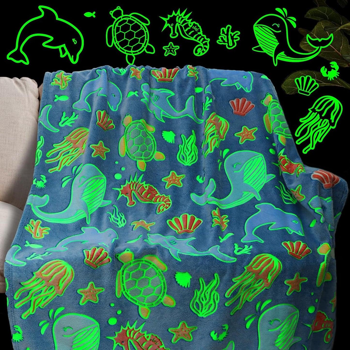 Glow in The Dark Throw Blanket Dolphin Marine Life Luminous Blankets and Throws Blue Colorful Plush Blankets Soft Glowing Throw Gift for Kids Girls Boys Teens Age 1-15 Years Old