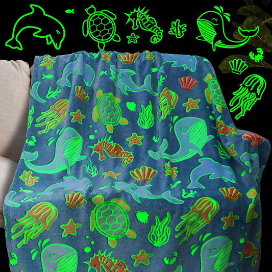 Glow in The Dark Throw Blanket Dolphin Marine Life Luminous Blankets and Throws Blue Colorful Plush Blankets Soft Glowing Throw Gift for Kids Girls Boys Teens Age 1-15 Years Old
