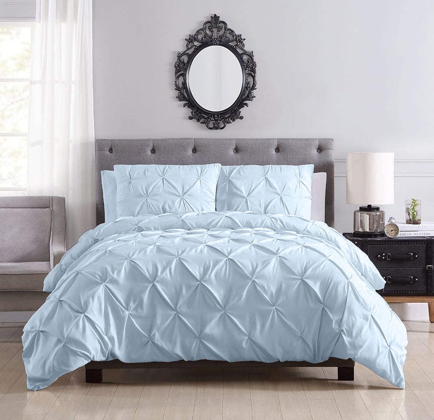 Pinch Pleated Duvet Cover Set 100% Cotton 3PC Oversize Plus Size 128x120 Duvet Cover Set, Decorative Pinch Design Sky Blue Duvet Cover with Matching Pillow Case