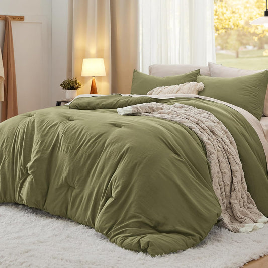 Bedsure King Size Comforter Set, Olive Green Soft Prewashed Bedding for All Seasons, 3 Pieces GentleSoft™ Warm Down Alternative Bed Set, 1 Lightweight Comforter (104"x90") and 2 Pillowcases (20"x36")
