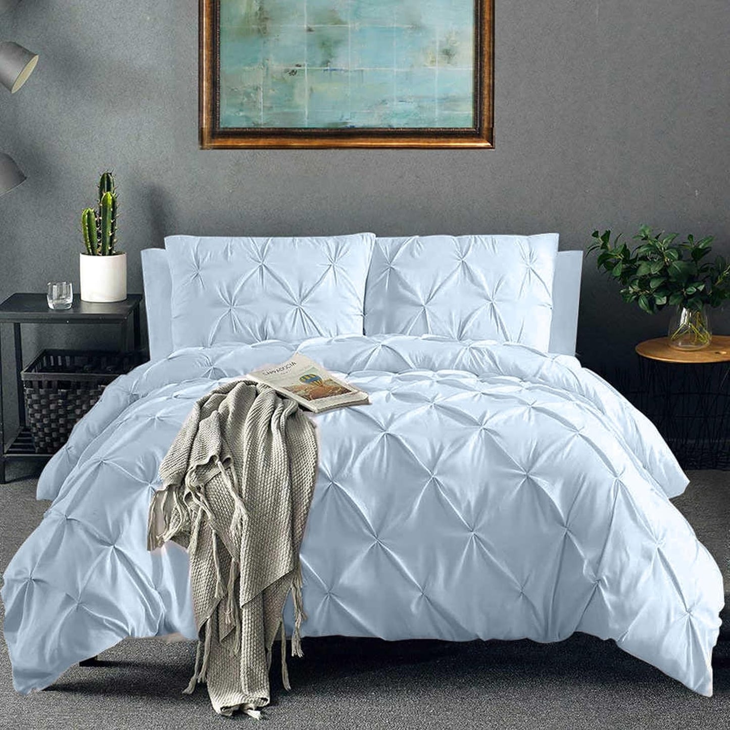Pinch Pleated Duvet Cover Set 100% Cotton 3PC Full Size 80x90 Duvet Cover Set, Decorative Pinch Design Sky Blue Duvet Cover with Matching Pillow Case
