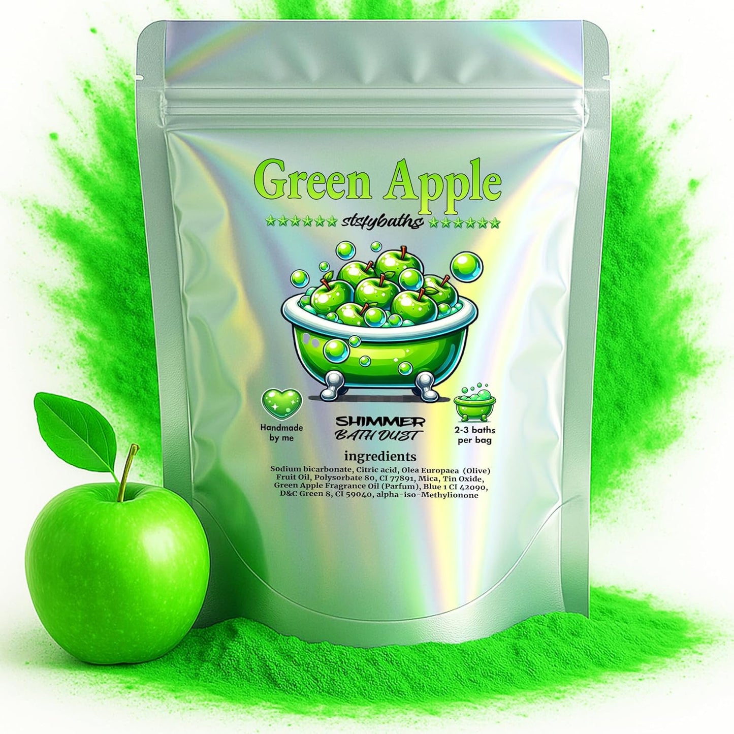 Green Apple Shimmer Bath Bomb in A Bag - Handmade Scented Bath Bombs for Women,Kids and Men - Bulk Bathbomb Fizzies Perfect for Boys and Girls All Ages (Large, Green)
