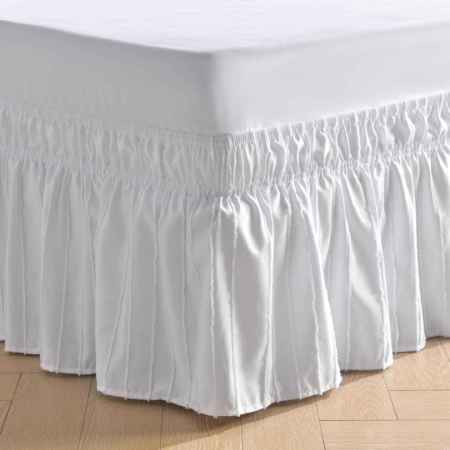MIYE Striped Tufted Bed Skirt - Wrap Around Dust Ruffle with Elastic Belts - 12.5 Inch Drop Easy to Put On - Bedskirt Machine Washable ＆ Wrinkle Resistant(Striped/White, King/Queen-12.5" Drop)
