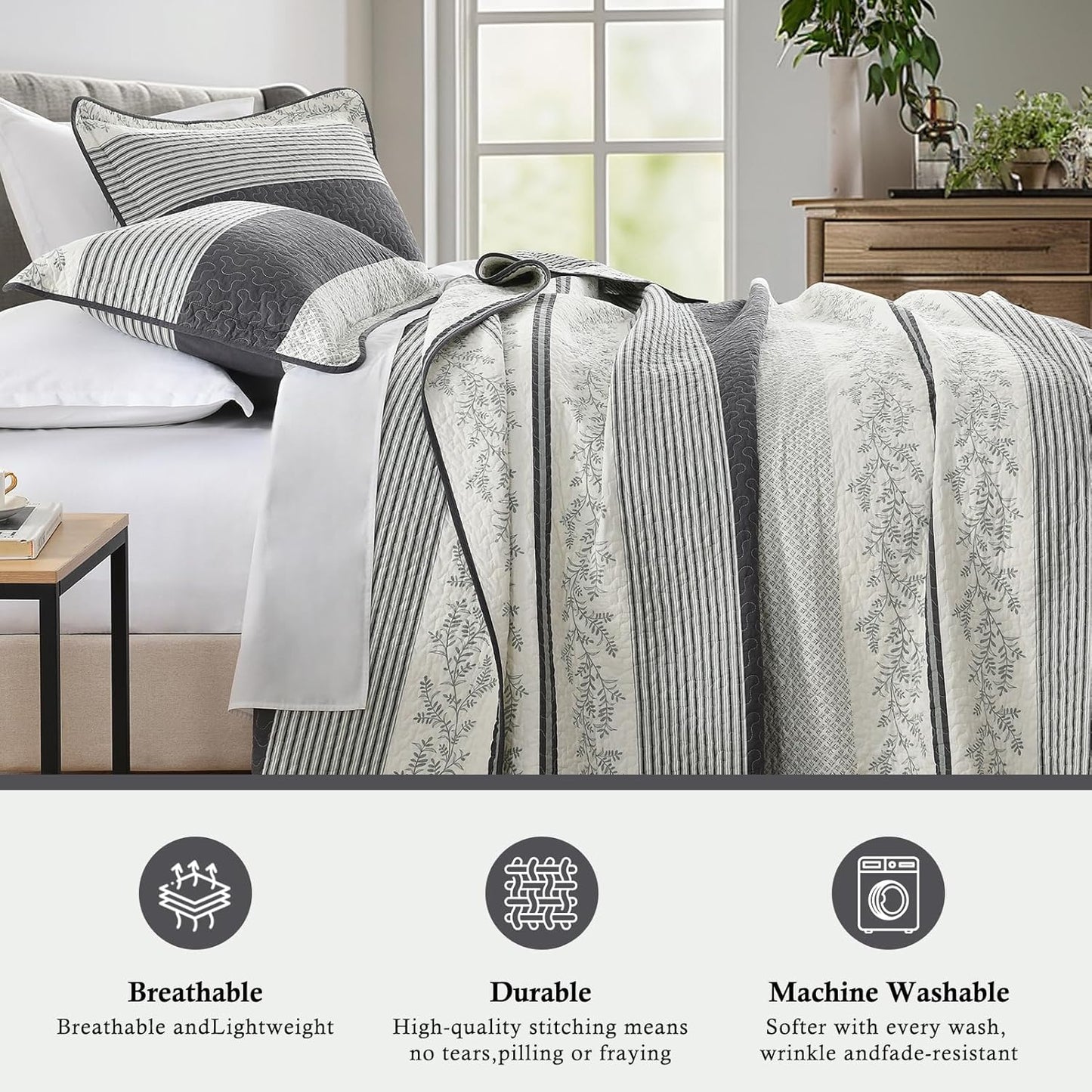 Stripe Quilts Queen Size - 100% Cotton Lightweight 3 Pieces Bedding Set, Vintage Vine Pattern Quilted Bedspread with 2 Pillow Shams, Farmhouse Printed Coverlet for All Season, Green/Gray