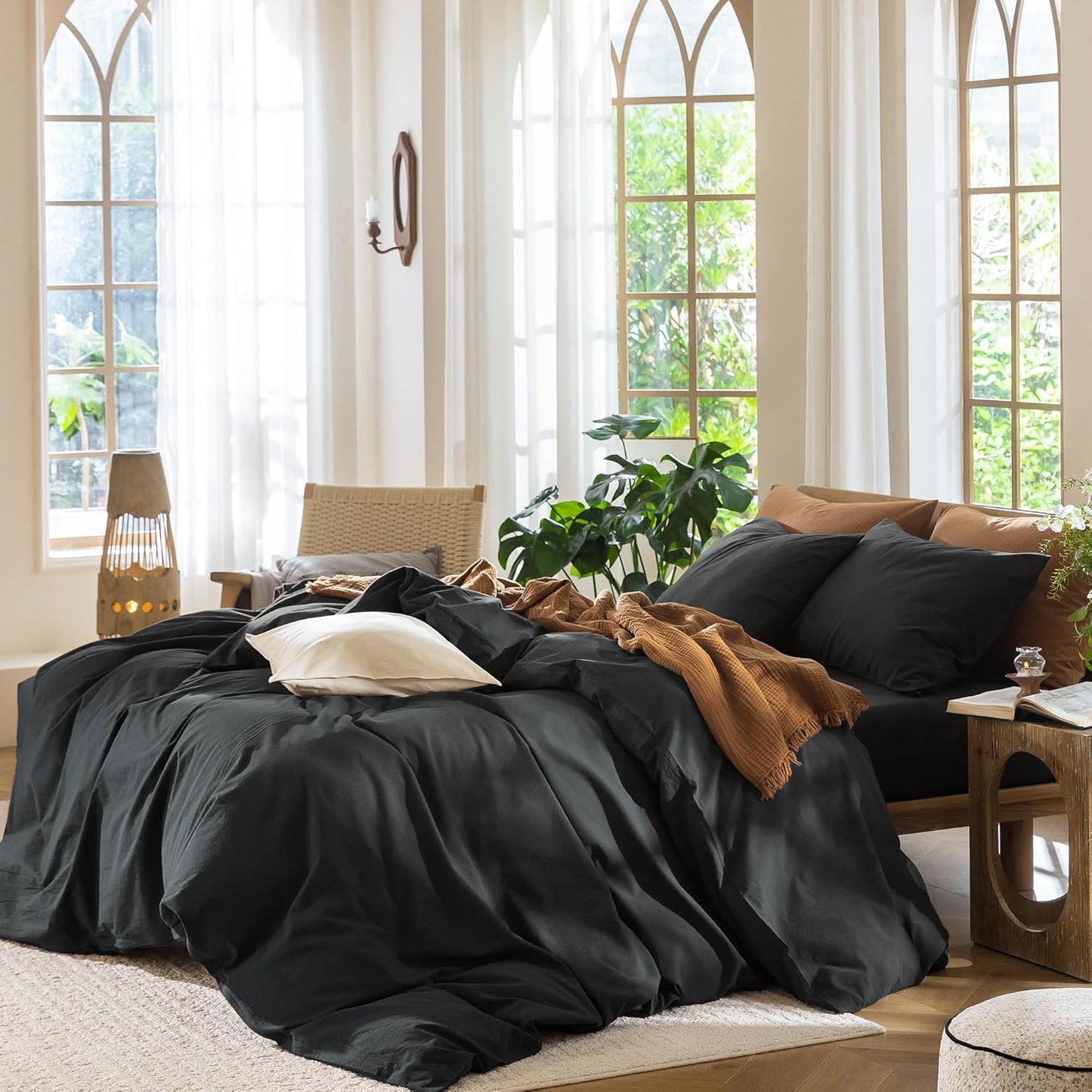 MooMee Bedding Duvet Cover Set 100% Washed Cotton Linen Like Textured Breathable Durable Soft Comfy (Solid Black, Cal King 104"x98")