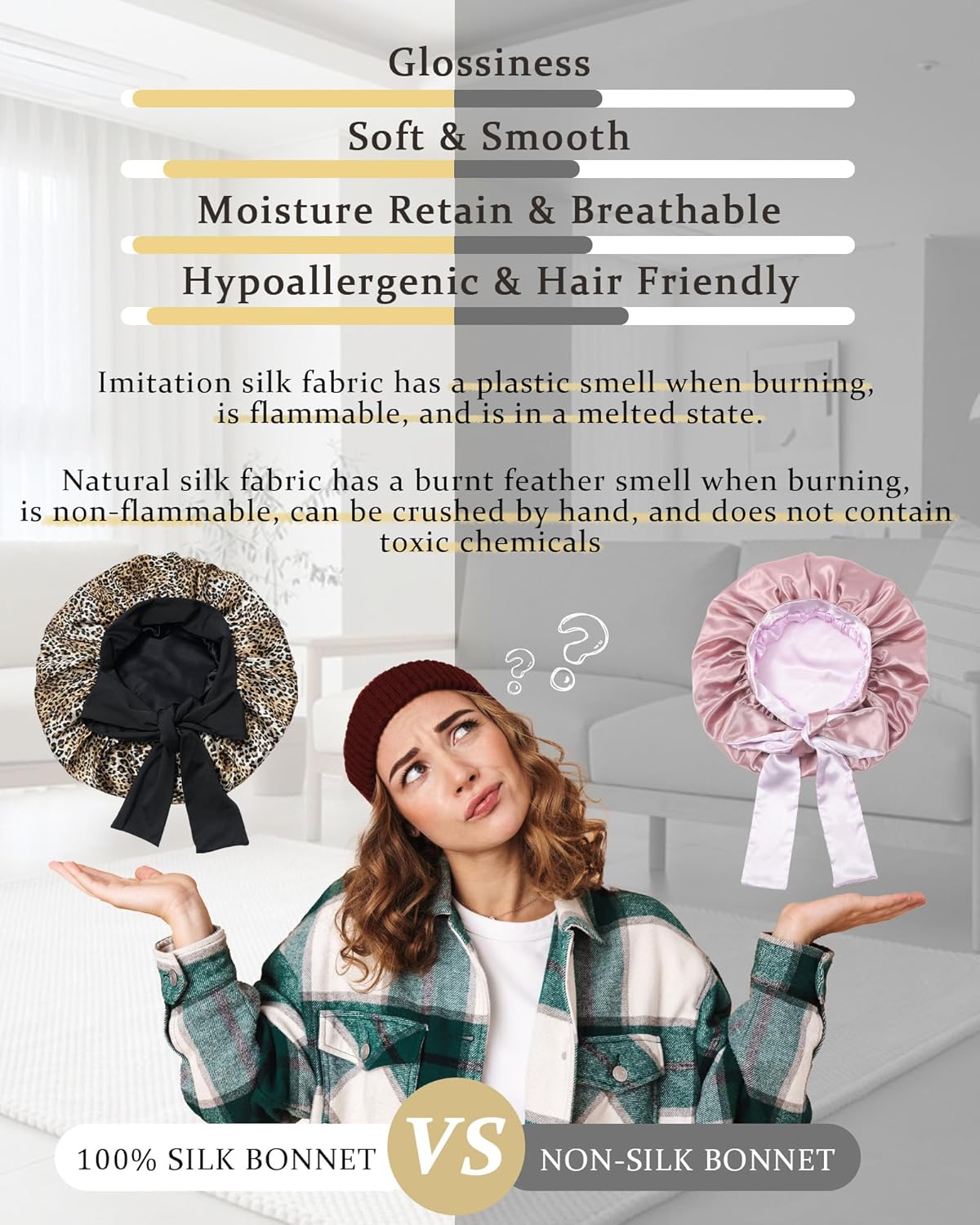 100% Mulberry Silk Bonnet for Sleeping Women Double Layer Silk Hair Bonnet Natural Sleep Cap with Elastic（Black + Leopard）