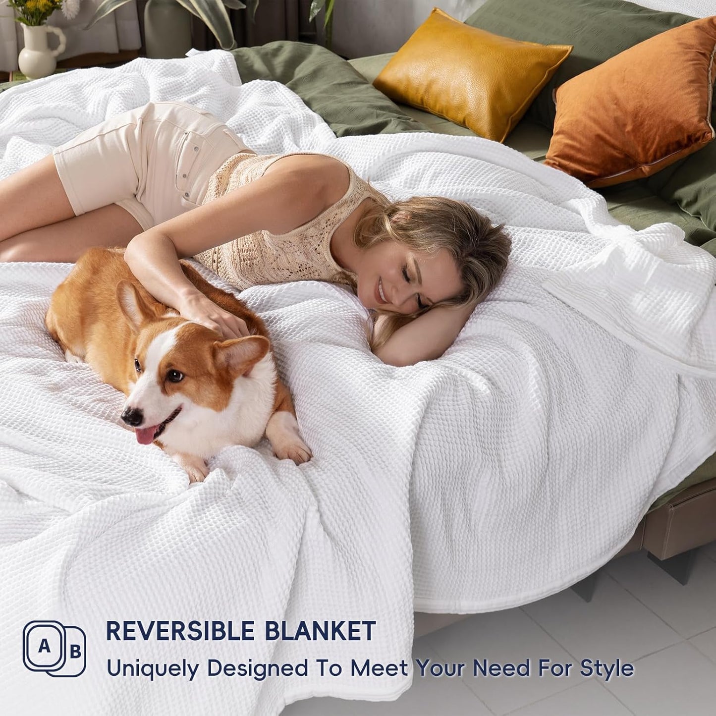 PHF 100% Cotton Waffle & Muslin Blanket Twin Size, Soft Breathable Luxury 400GSM Versatile Reversible Bedding for Bed, Great for Layering in Cold Weather, Home Decor Gift, 66" x 90", White