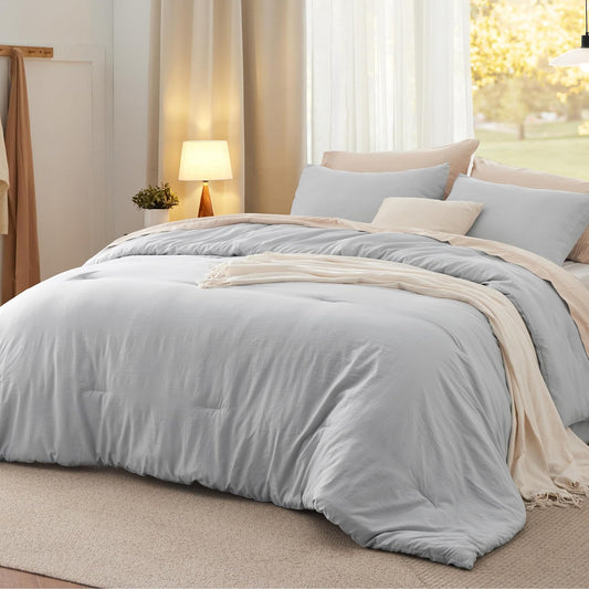 Bedsure Full Size Comforter Set, Light Grey Soft Prewashed Bedding for All Seasons, 3 Pieces GentleSoft™ Warm Down Alternative Bed Set, 1 Lightweight Comforter (82"x86") and 2 Pillowcases (20"x26")