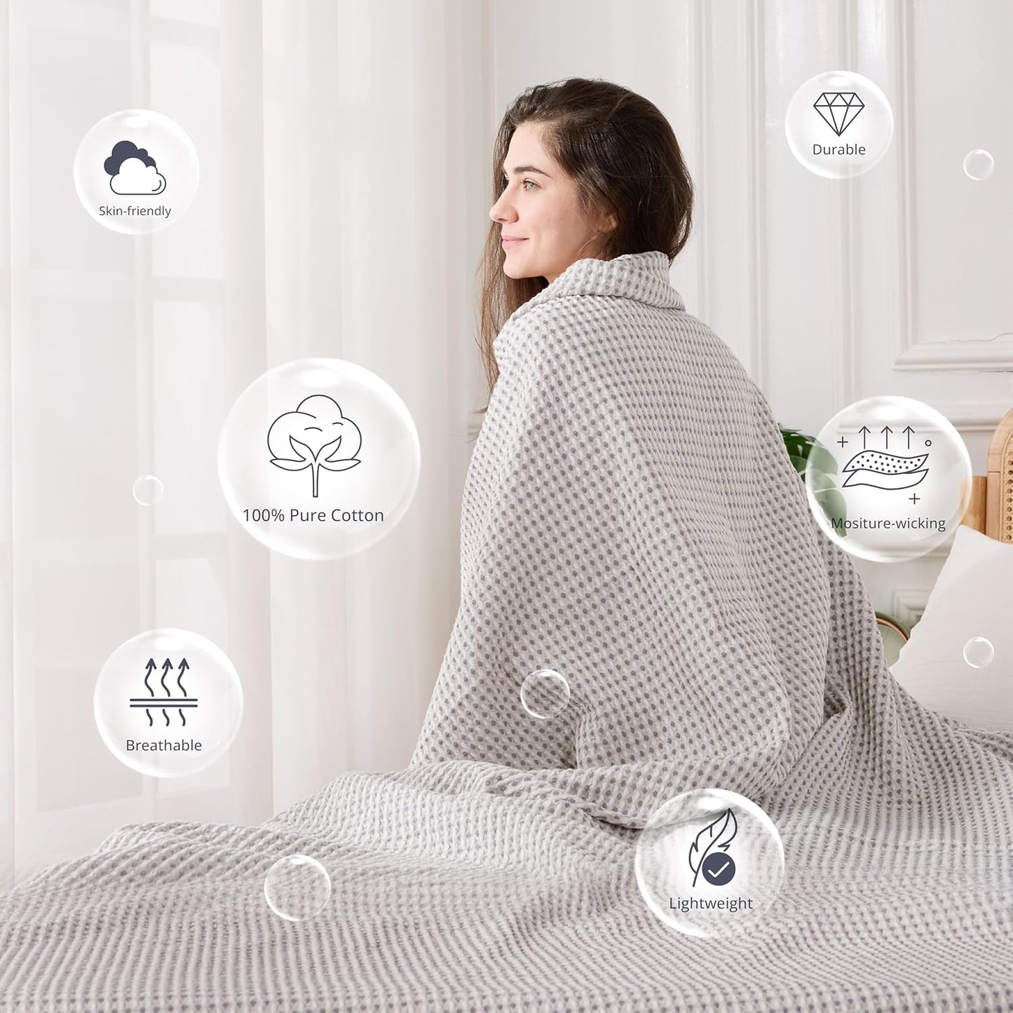 EGOHOME 100% Cotton Queen Size Blankets for Bed,Soft Jacquard Waffle Weave Blanket,Lightweight and Breathable Unique Dual-Tone Texture Cotton Blanket for All Seasons-Sleet Grey,90 x 90 Inches