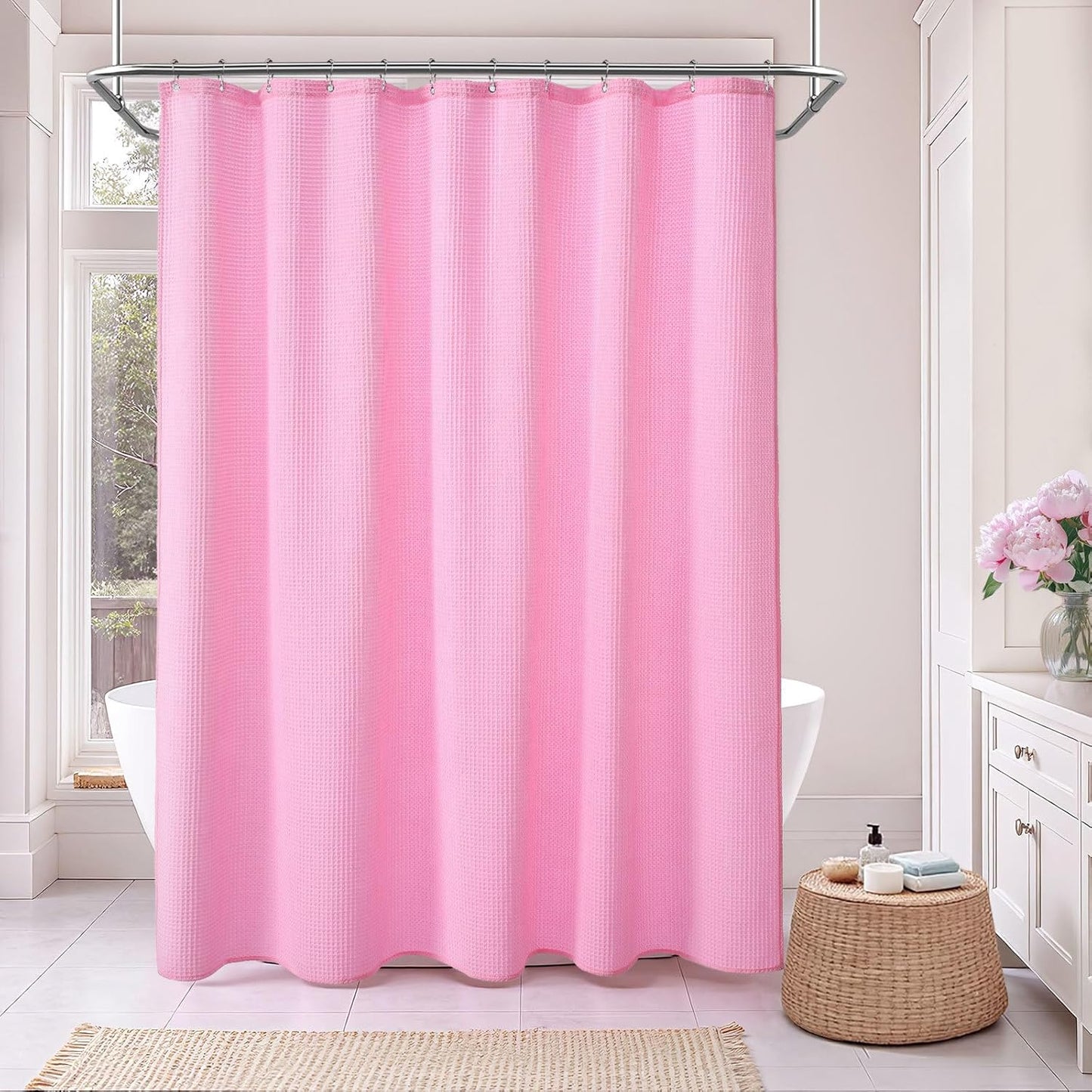 Waffle Weave Shower Curtain - Pink Cotton Fabric Texture Heavyweight Shower Curtain for Bathroom,Washable,72Wx72L