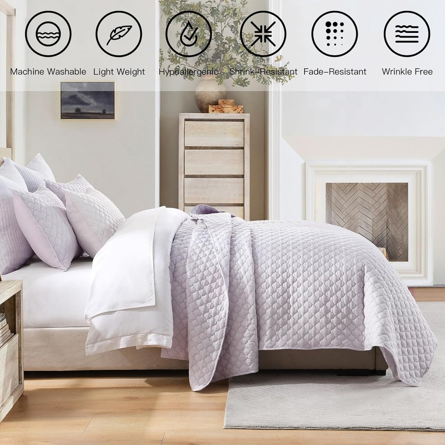 HORIMOTE HOME Quilt King Size Lavender(Light Purple), Lightweight Quilt for Summer, Ultra-Soft Microfiber Modern Style Quilted Clouds Pattern Bedspread Quit Set 3 Pieces(1 Quilt and 2 Pillow Shams)