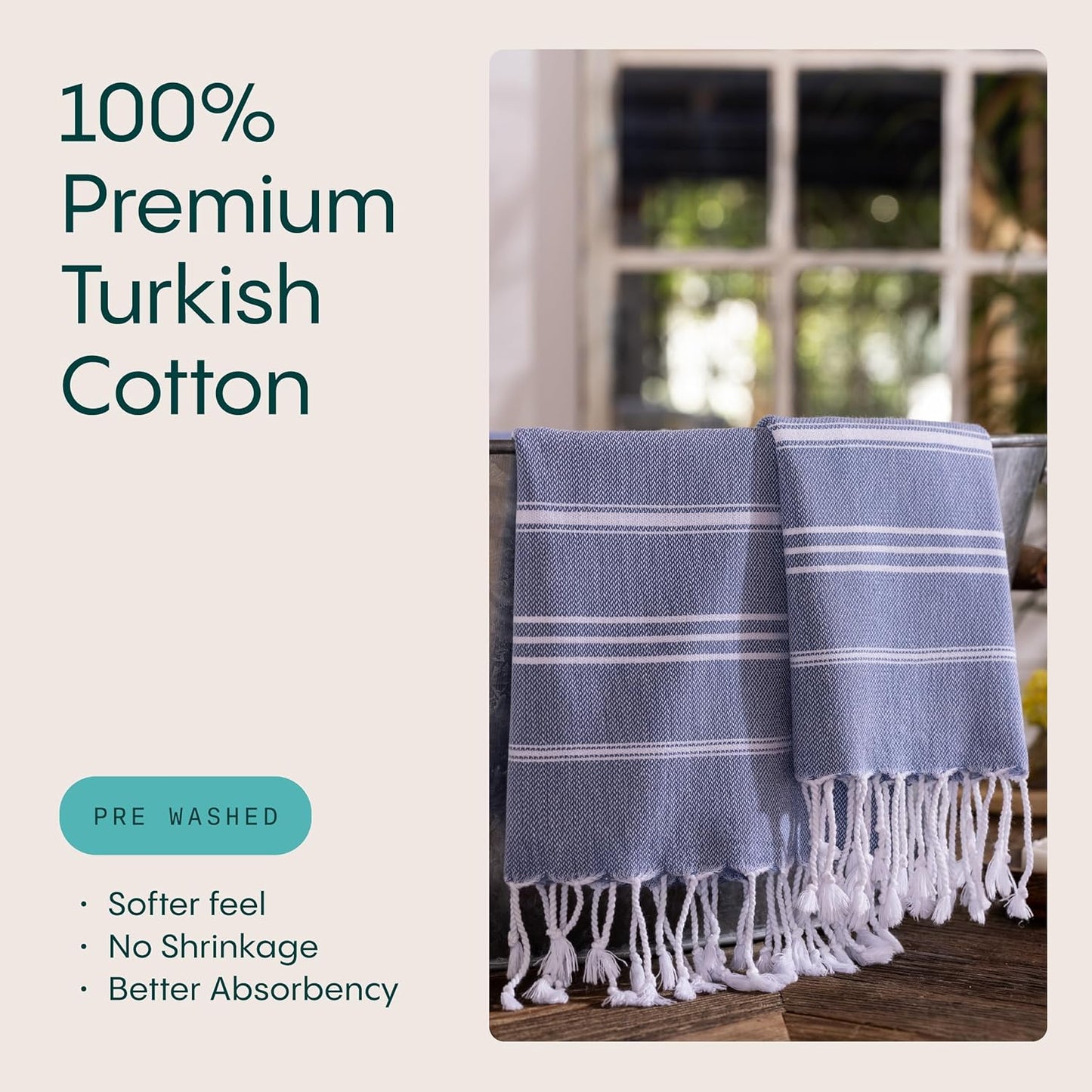 WETCAT Turkish Hand Towels with Hanging Loop, Set of 2 (20" x 30") 100% Turkish Cotton, Pre-Washed, Quick Drying, for Kitchen or Bathroom - Denim Blue