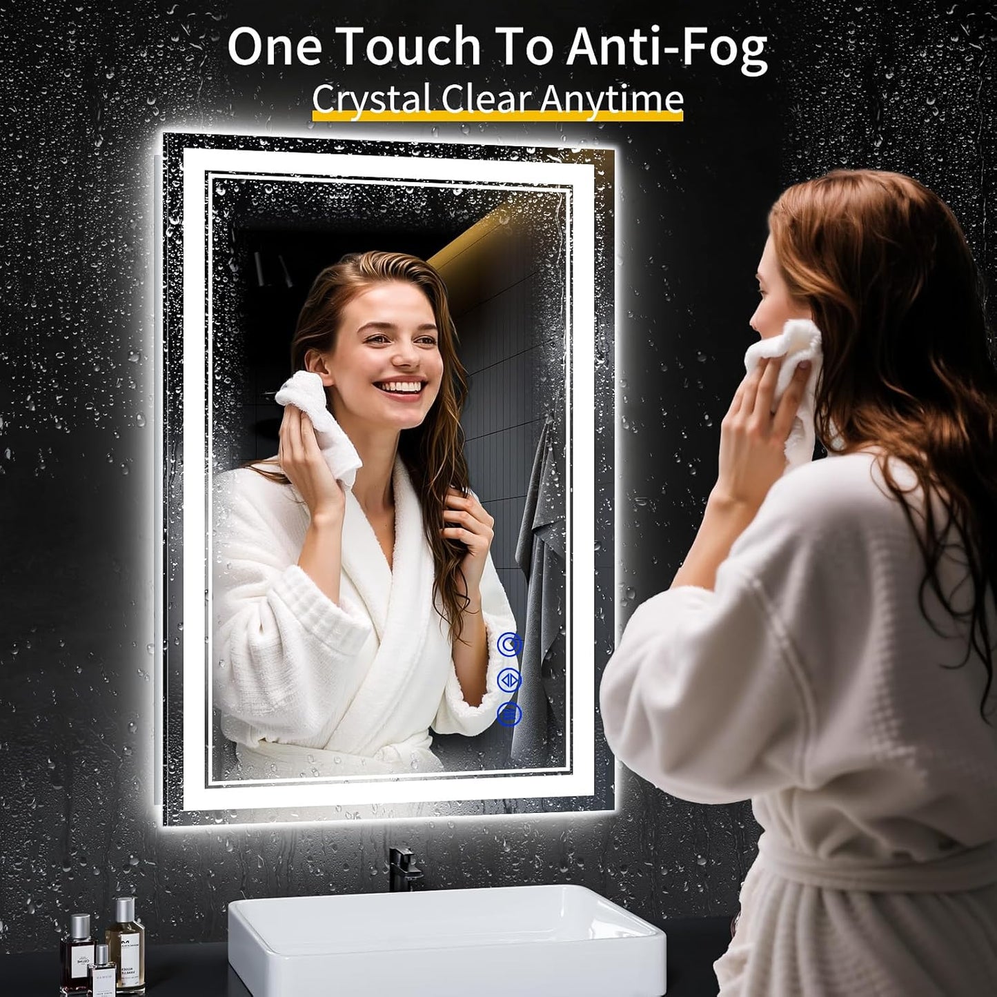 38"x26" LED Bathroom Mirror with Anti-Fog, Stepless Dimmable Lights, 3 Color Modes, Shatter-Proof Tempered Glass, Memory Function & Waterproof Design