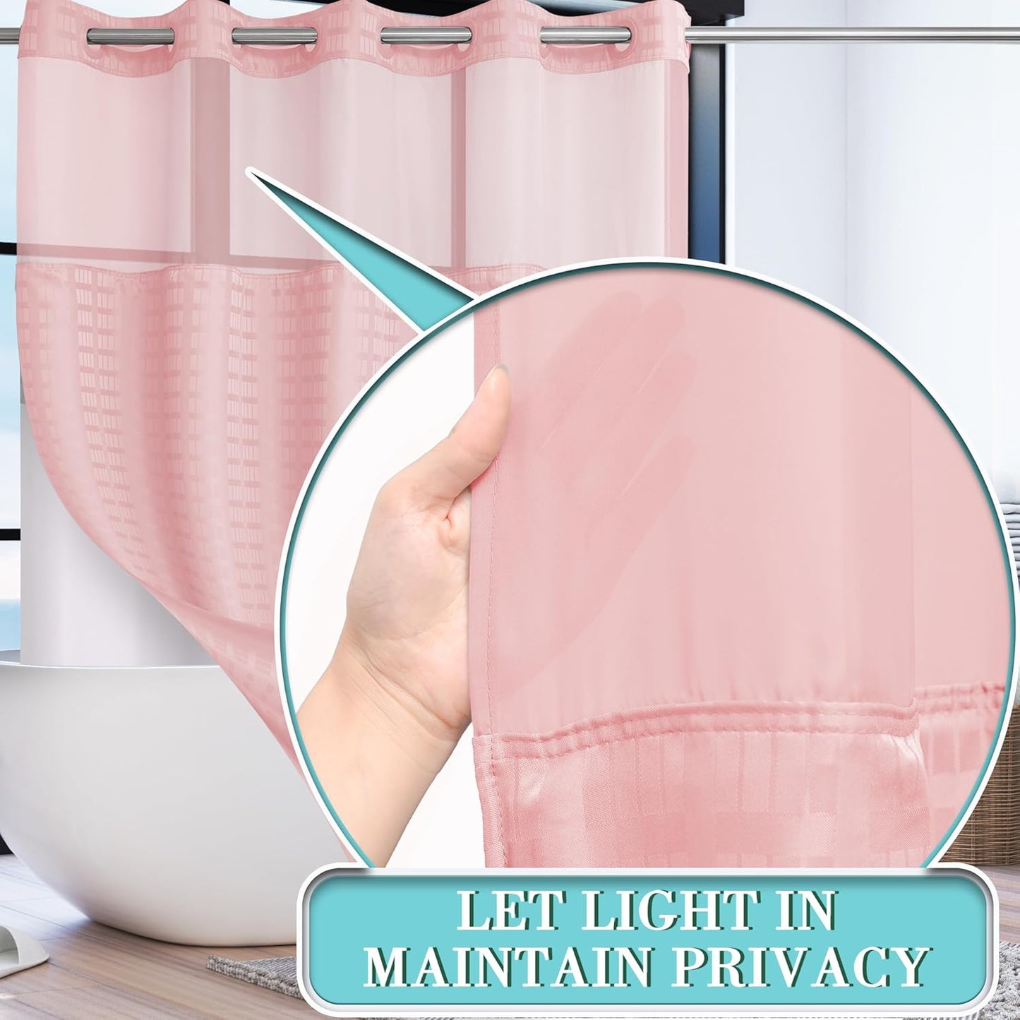 Extra Long No Hook Shower Curtain with Snap in Liner Set, Hotel Luxury Pink Shower Curtains for Bathroom with See Through Top Window, Waterproof, Washable 71W x 84H