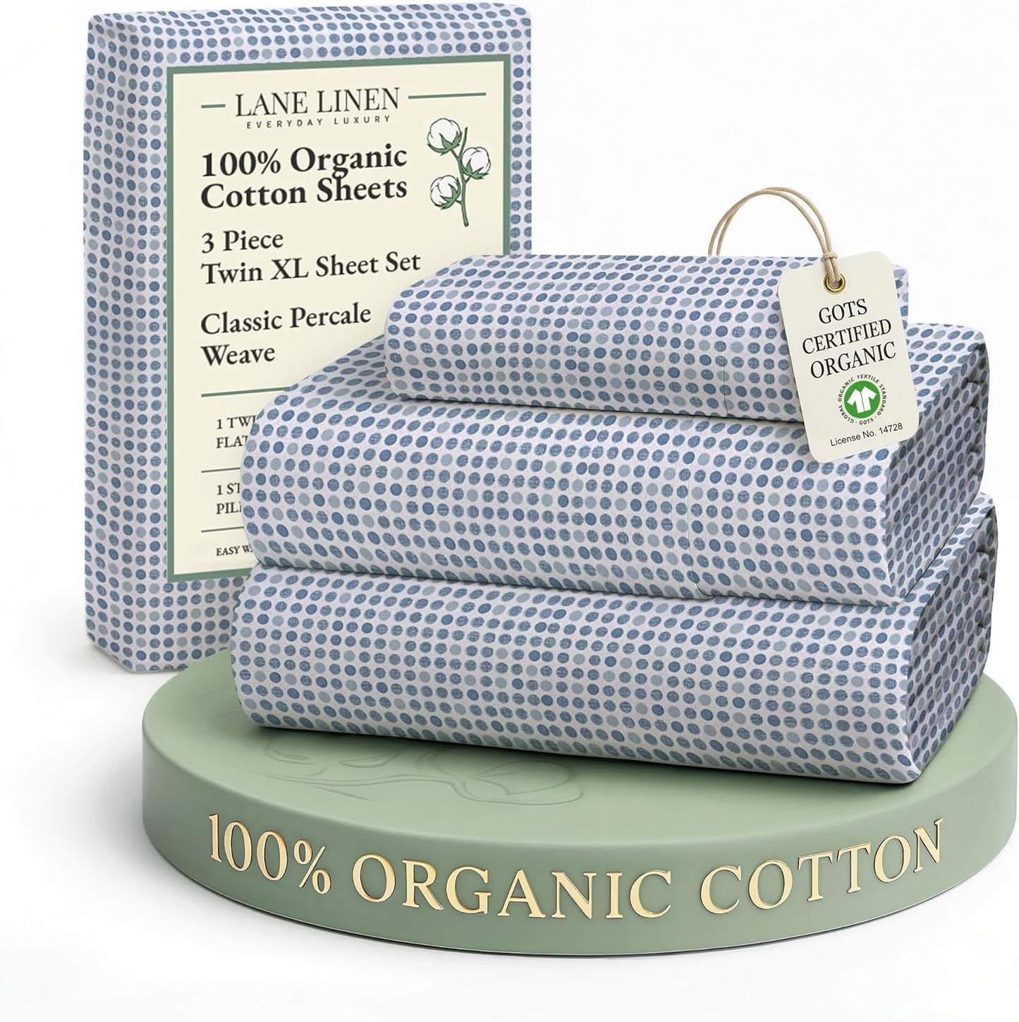LANE LINEN 100% Organic Cotton Pre Washed Extra Long Twin Sheets Low Pill Fade Resistant Macine Wash Naturally Temperature Regulating Printed Cotton Sheets Twin XL Bed Sheets- Polka Dot Blue