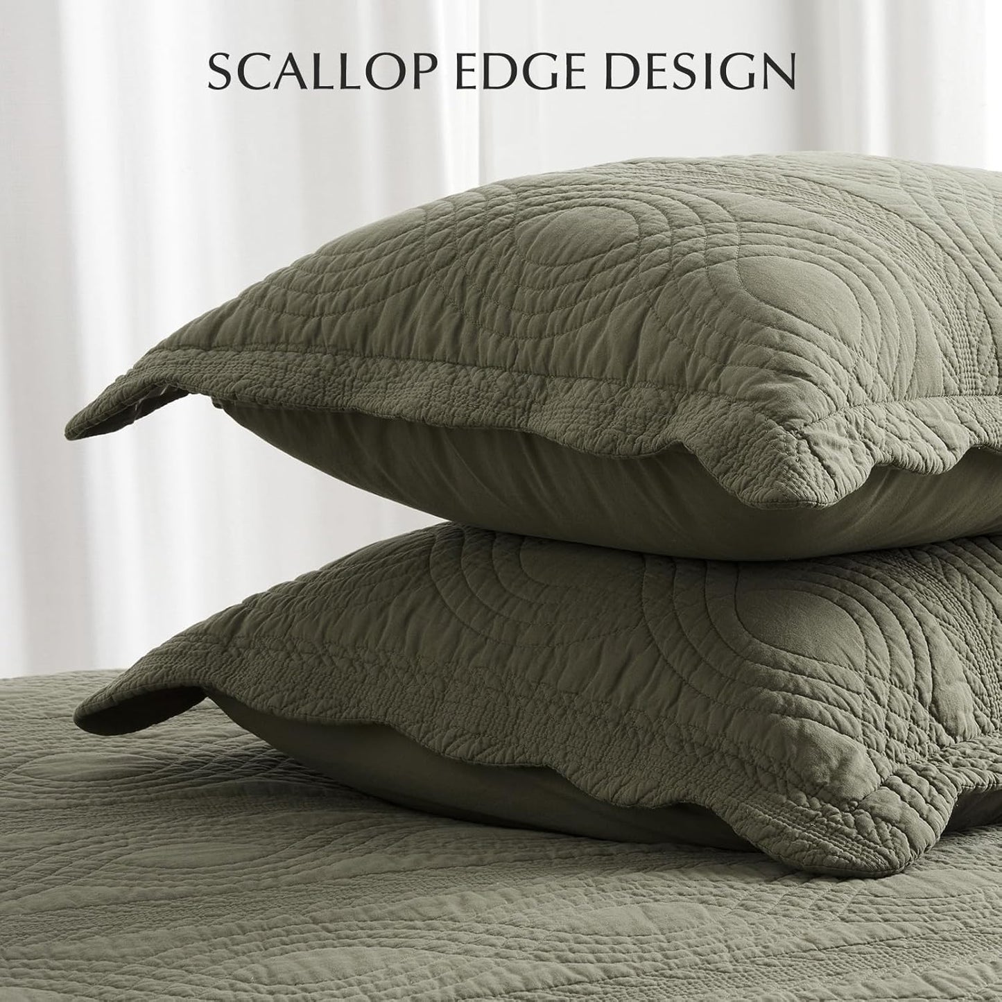 EVERGRACEHOME 100% Cotton Scallop Quilt Set, King Size 3 Piece Set – Lightweight Bedspread with 2 Shams, Soft Prewashed Matelasse Coverlet for Cozy and Elegant Bedding, Olive Green