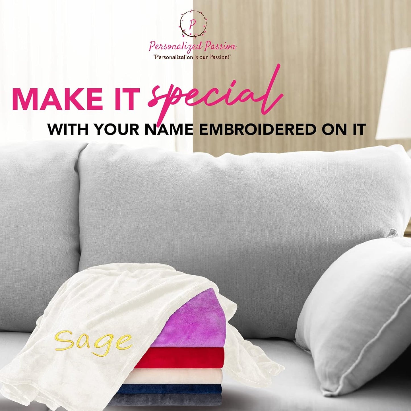 Personalized Blankets for Adults - Custom Blanket with Embroidered Name or Monogram - Soft Fleece Throw Cover for Bed & Couch - Cream (40"x60")