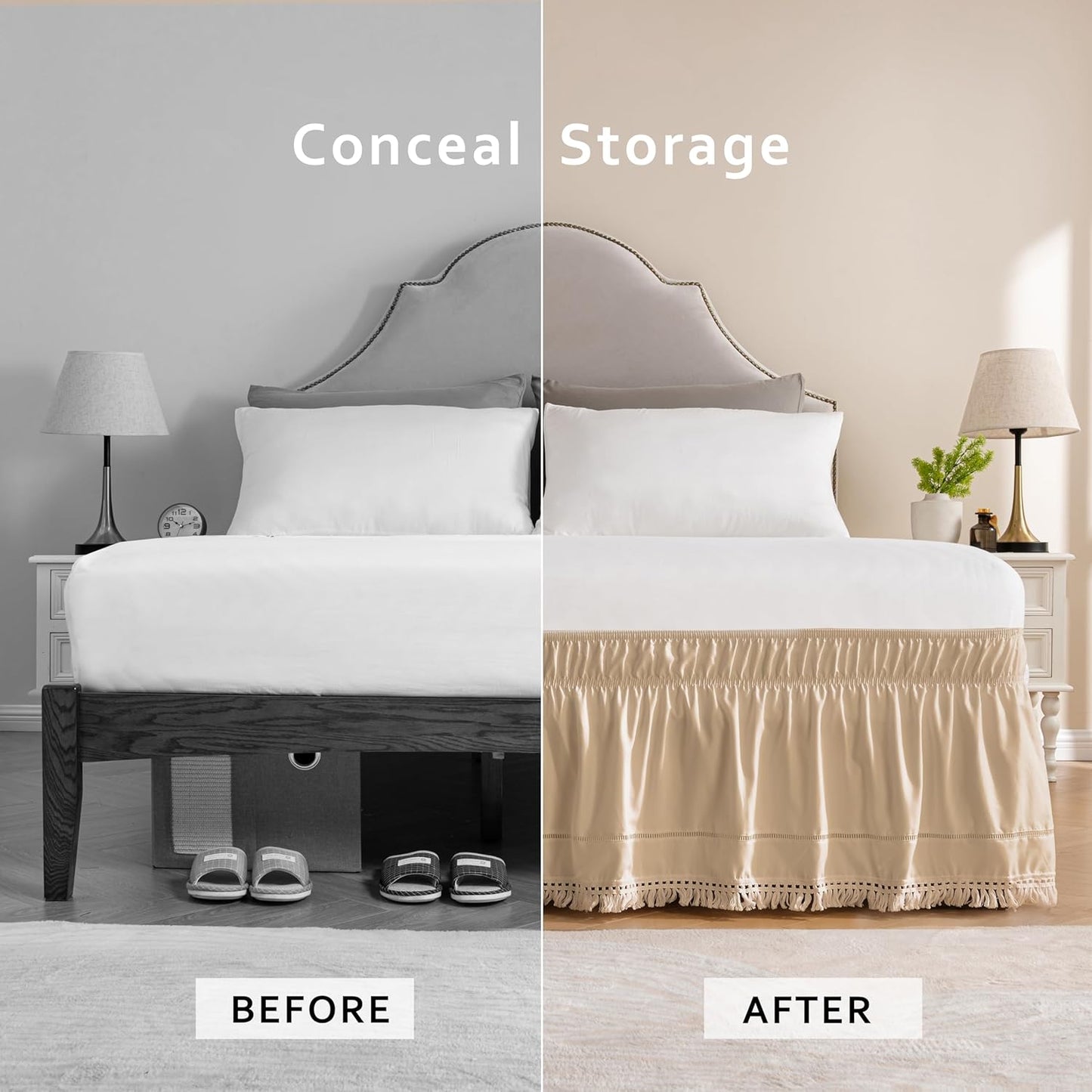 MIYE Wrap Around Ruffled Lace Bed Skirt, Elastic Dust Ruffle with Adjustable Belts, Easy to Put On, Bed Frame Cover, Machine Washable (Tassel Ruffle/Beige, Full/Twin-15 Drop)