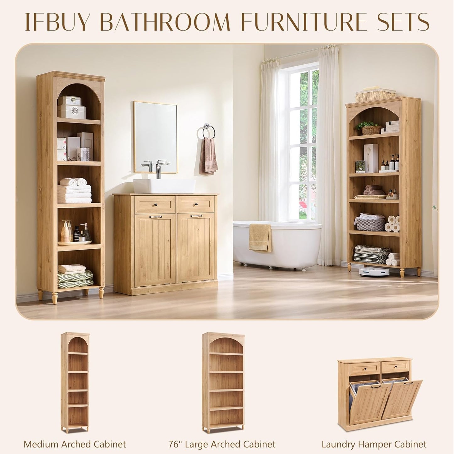 76" Tall Arched Bathroom Storage Cabinet, 5 Tiers Narrow Farmhouse Arched Cabinet w/Adjustable Shelves, Modern Wooden Storage Cabinet for Bathroom, Living Room, Entryway, Study Room (Natural)