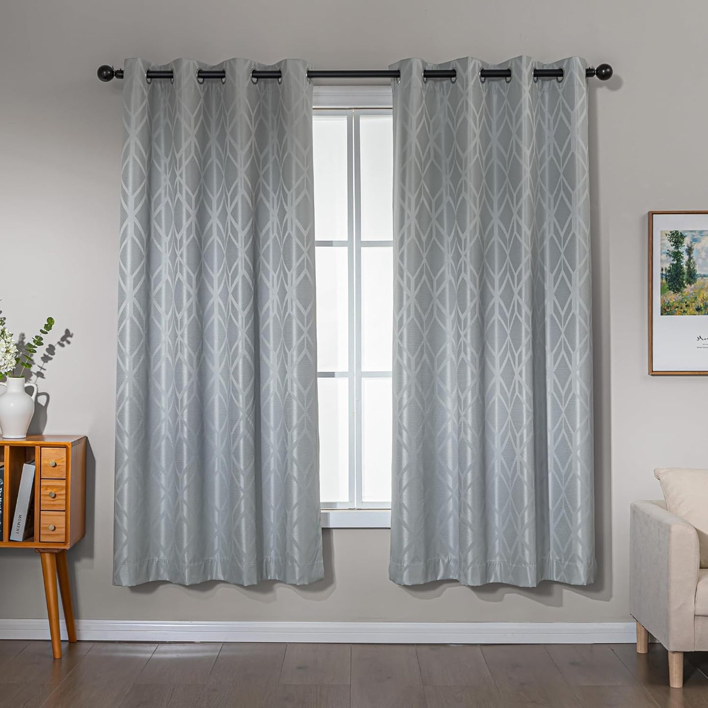 Amazon Basics Jacquard 2-Piece 100% Blackout Curtains, Living Room and Bedroom Drapes, Thermal Insulated Window Treatment, 52"x72", Light Grey