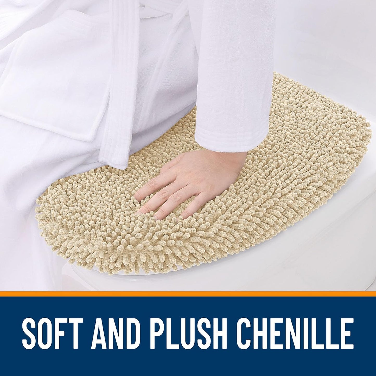 OLANLY Soft Chenille Bathroom Toilet Lid Cover, Machine Washable Seat Covers, 17.5x15, Stays in Place Rubber Backing, Fits Most Round, Elongated and Oblong Lids, Accessories Decor, Beige