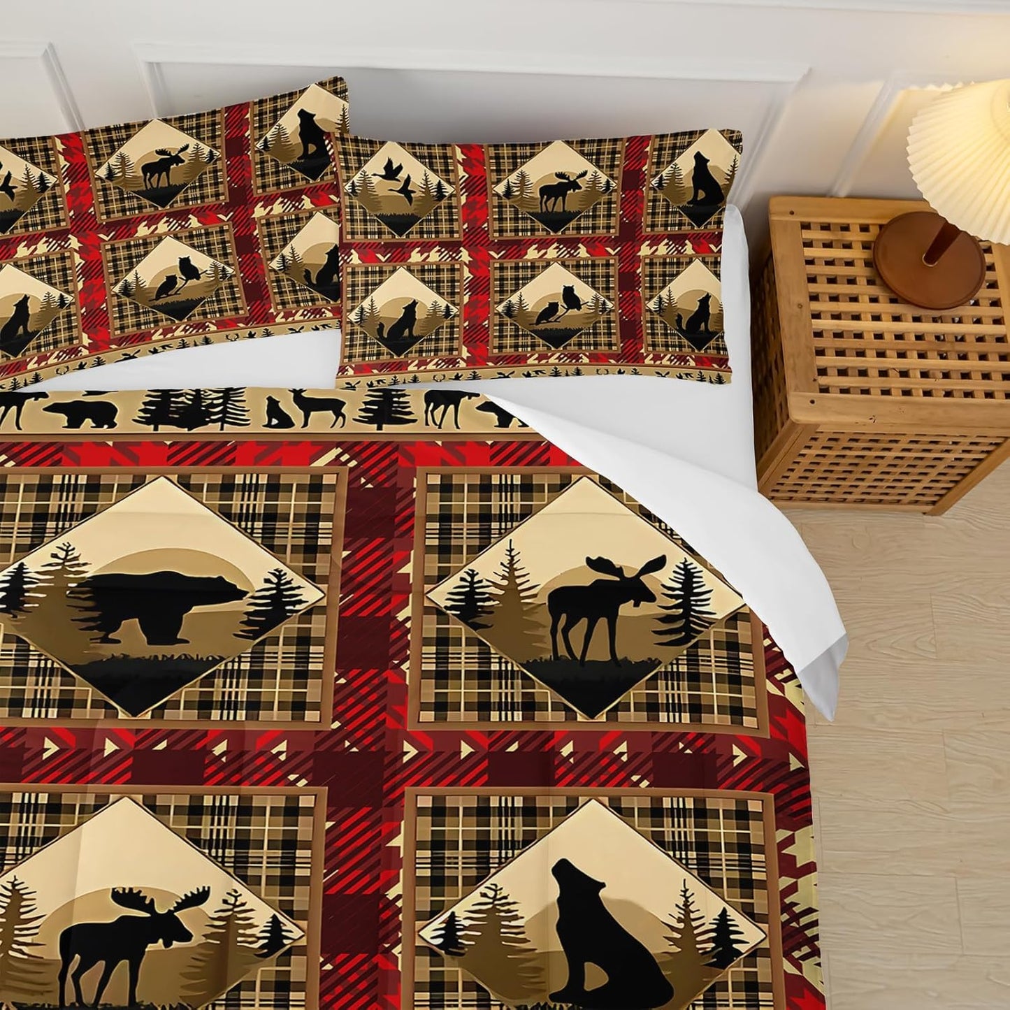 Red and Black Plaid Comforter Set Queen，Queen Size Bedding Set Animal Print，Rustic Farmhouse Quilt Bedding Sets Queen，Animal Print Bedroom Decor，with 1 Comforter with 2 Pillow Case