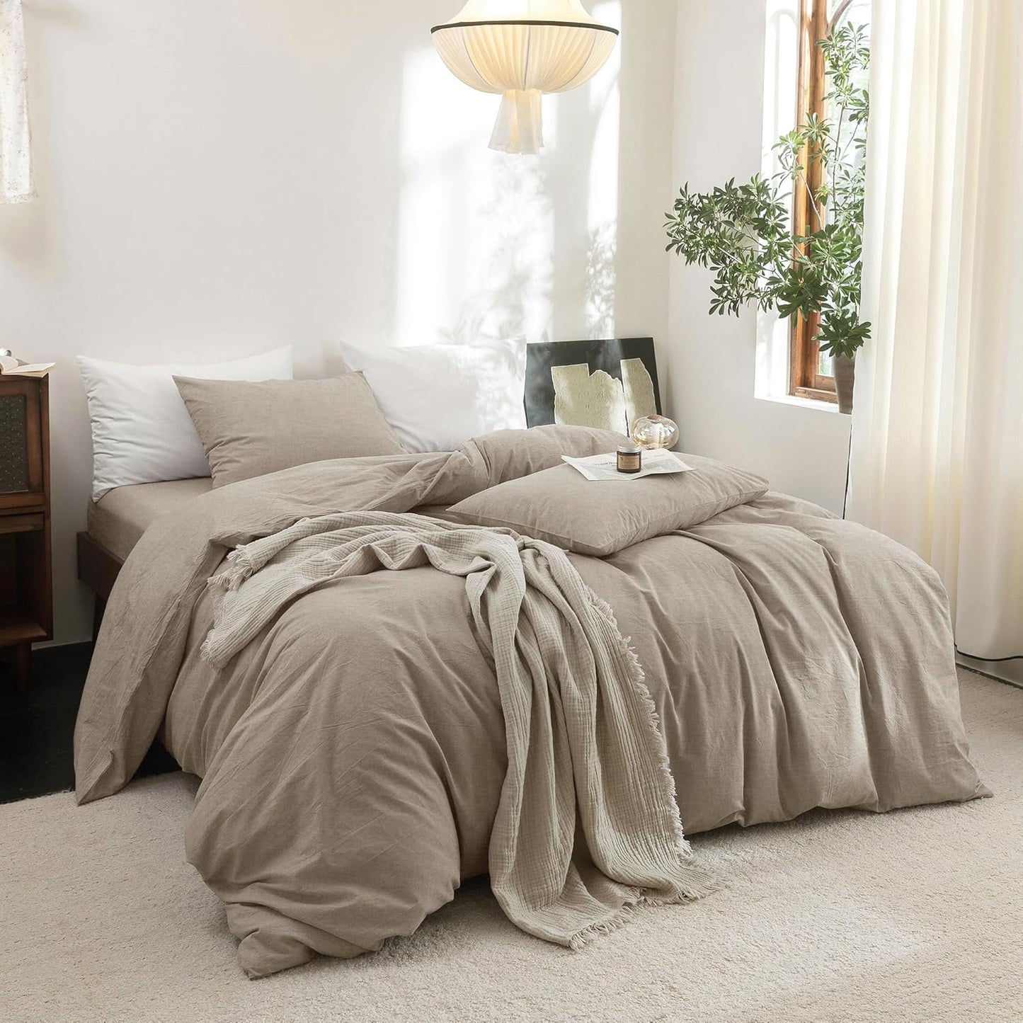 FOSSA Duvet Cover Set 100% Washed Cotton Linen Feel Super Soft Breathable Cozy 3 Pieces Bedding Sets Solid Tannish Linen Grey Super Queen