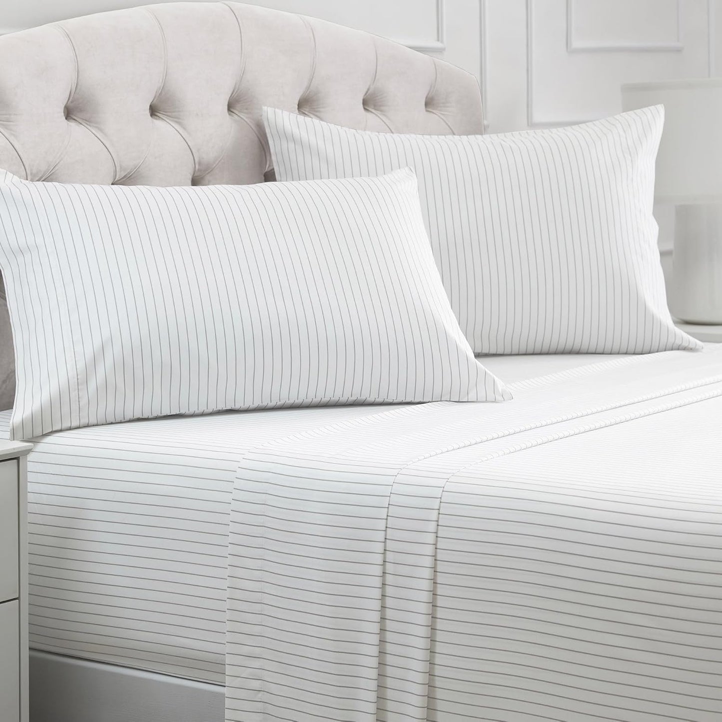 Mellanni King Sheets Set - 4 PC Iconic Collection Bedding - Hotel Luxury, Extra Soft, Cooling Bed Sheets - Wrinkle, Fade, Stain Resistant (King, Pin Stripe Gray)