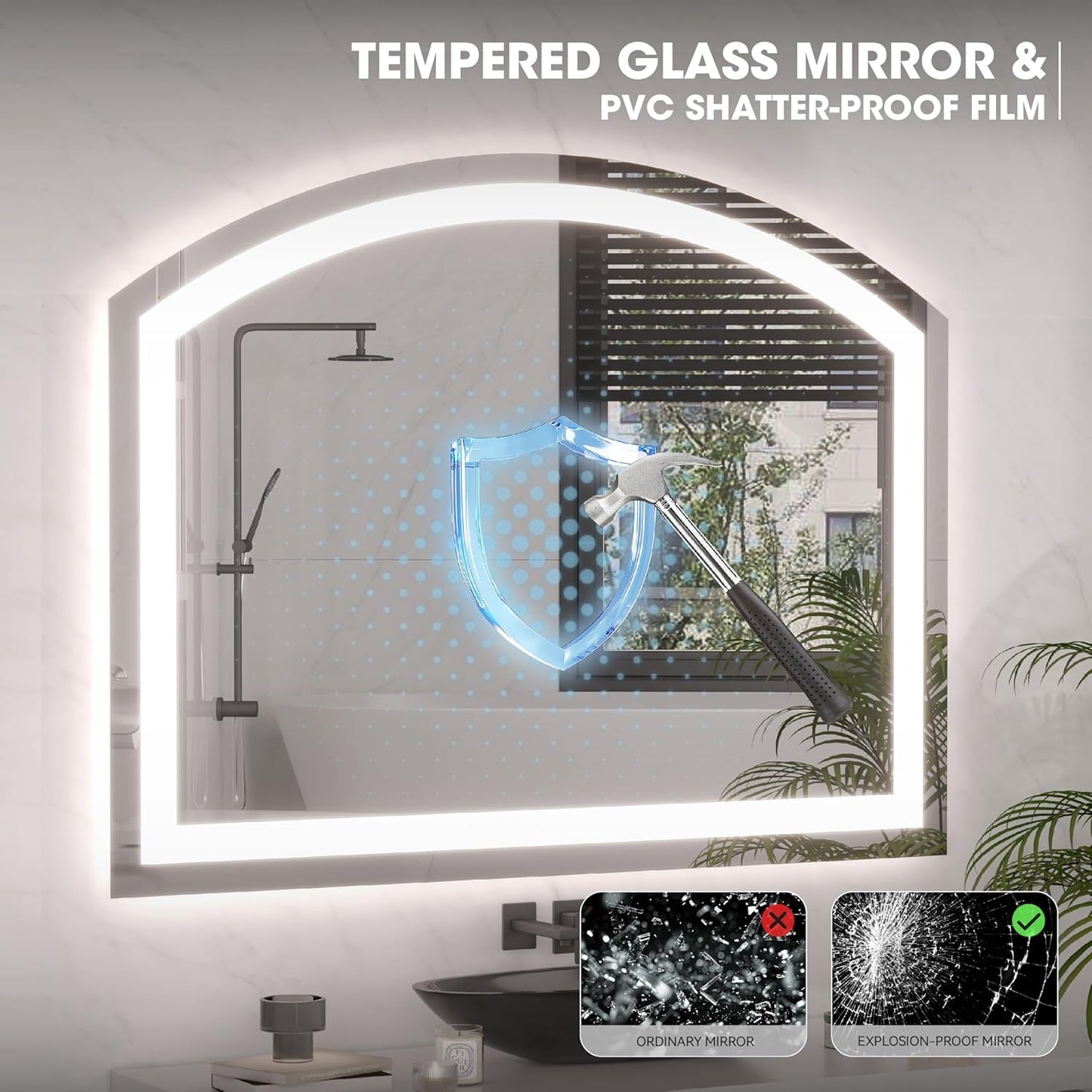 Hasipu 36x28 Inch LED Bathroom Mirror Arch Vanity Mirror with Lights Frontlit Smart Touch Sensor Dimmable 3 Colors Temperature Shatterproof Wall-Mounted Vanity Mirror Metal Frame