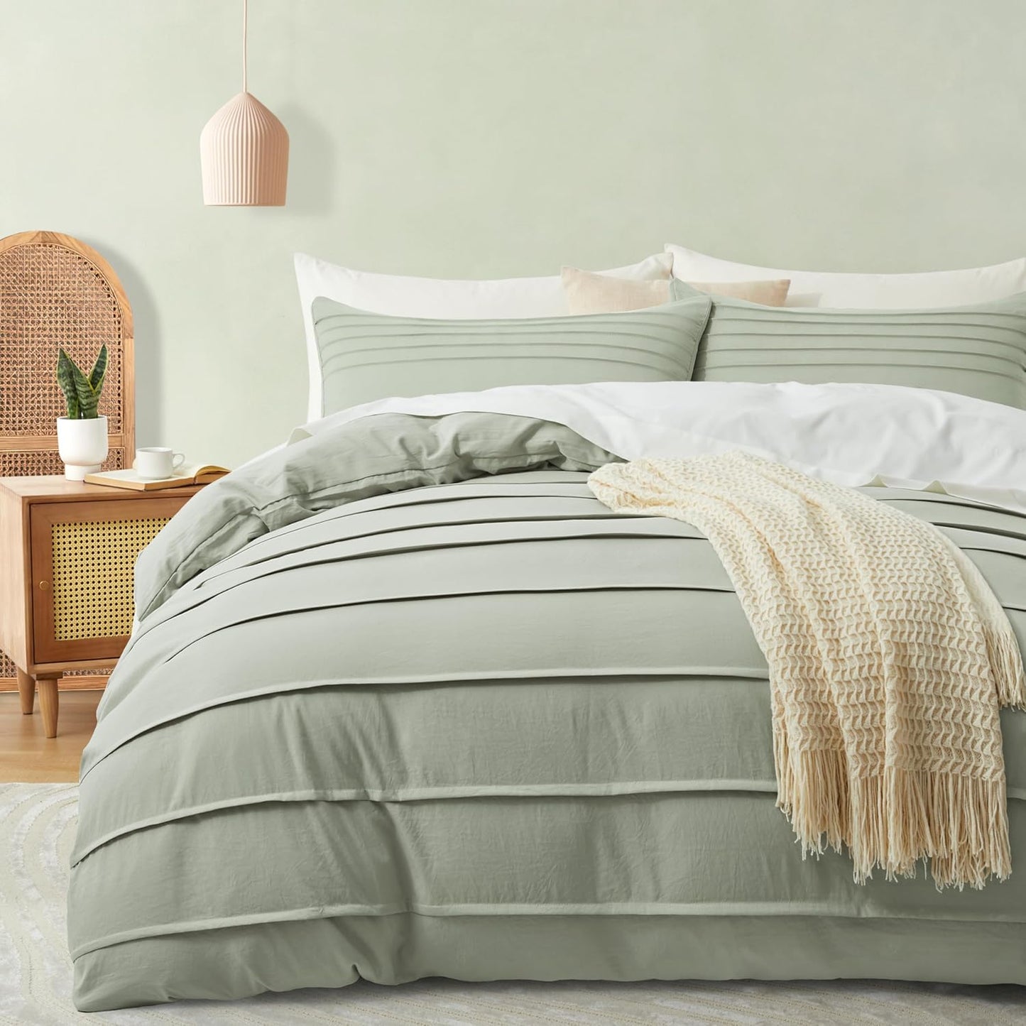 Oli Anderson Mist Sage Duvet Cover Queen Size - Pleated Queen Duvet Cover, 3PCS Soft and Breathable Textured Bedding Set with Zipper Closure(Mist Sage,90"x90")