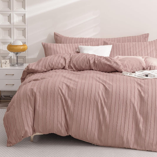 JELLYMONI Duvet Cover King Size Smokey Pink - 3PCS Boho Striped Duvet Cover Set Polyester Tufted Bohemian Textured Comforter Cover 104×90in with Corner Ties & Zipper and 2 Pillowcases