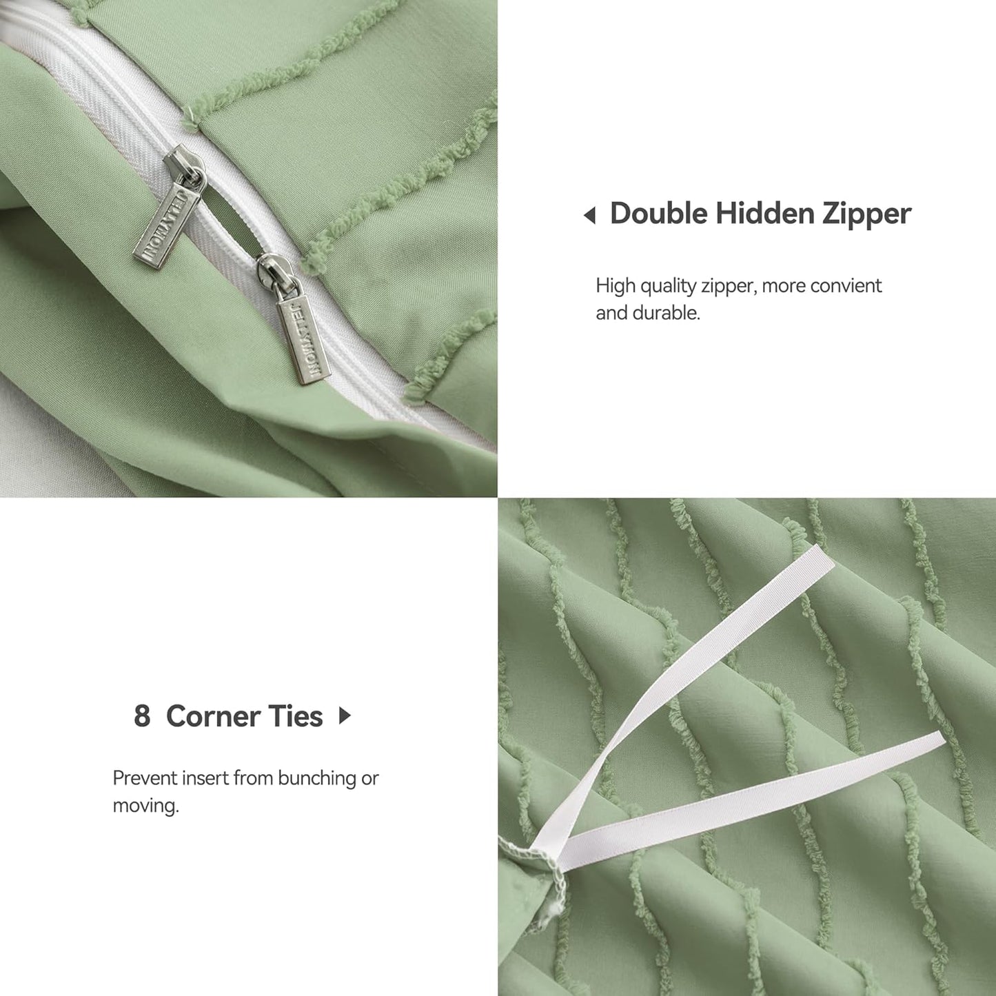 JELLYMONI Duvet Cover Full Size Light Green - 3PCS Boho Striped Duvet Cover Set Polyester Tufted Bohemian Textured Comforter Cover 80×90in with Corner Ties & Zipper and 2 Pillowcases