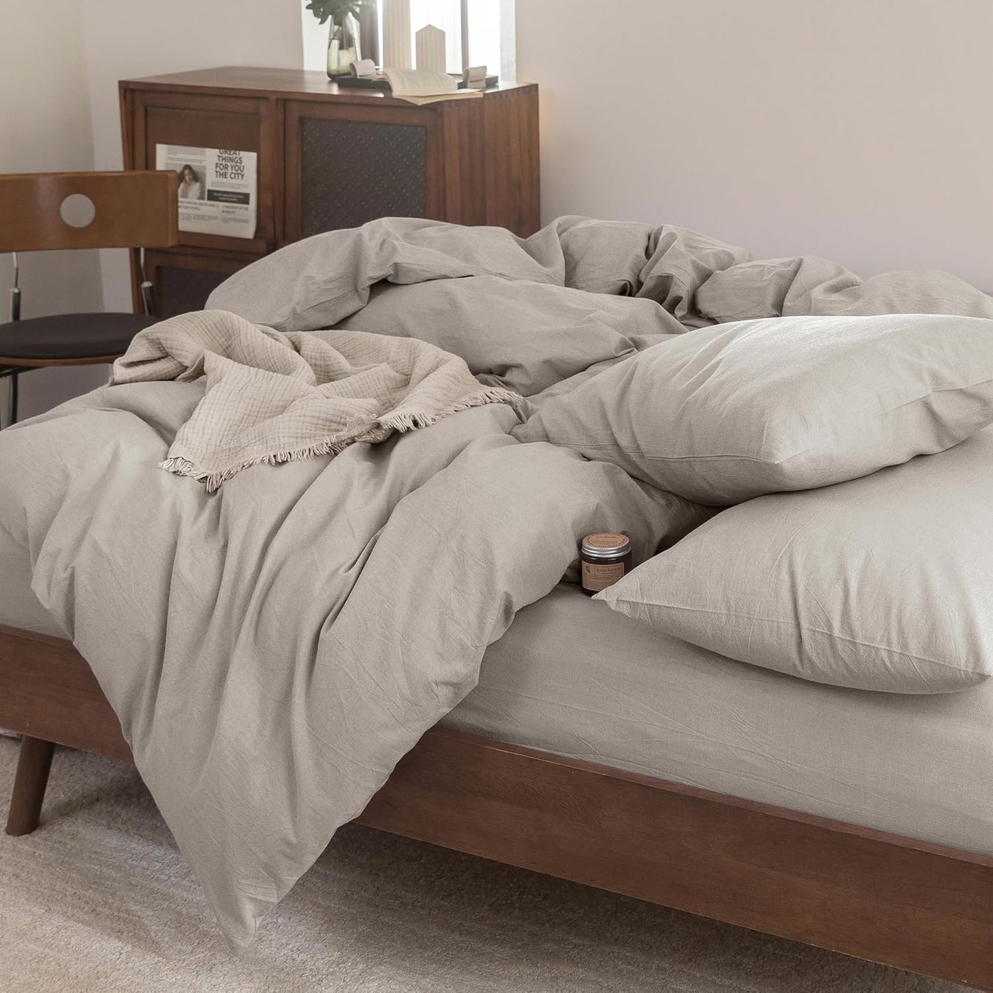 FOSSA Duvet Cover Set 100% Washed Cotton Linen Feel Super Soft Breathable Cozy 3 Pieces Bedding Sets Solid Cream Grey King