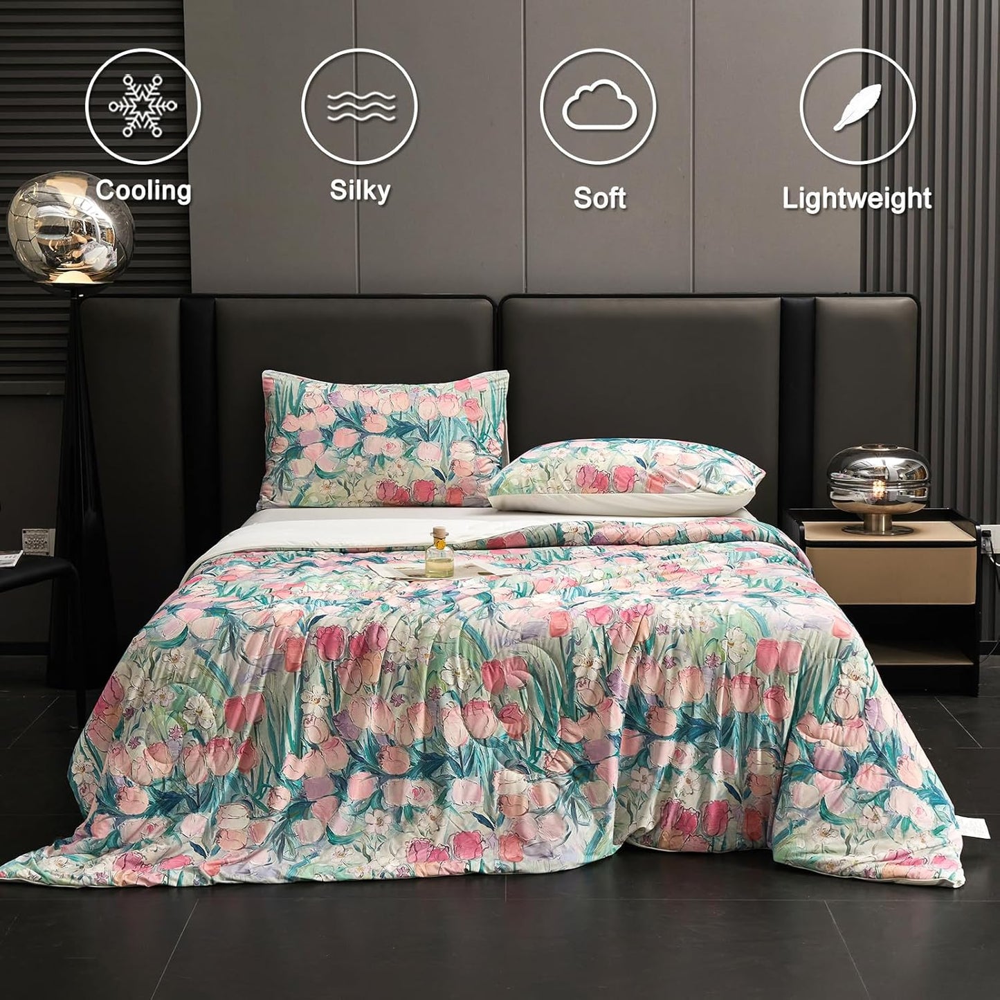 Cyusri Floral Print Cooling Comforter Set 3Pcs Breathable Cool King Size Bedding Set with 2 Pillowcases Pink Tulip Pattern Silky Cold Quilt, 108"x90"