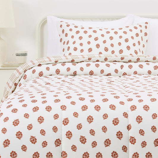 Amazon Basics Lightweight Microfiber Comforter Sets, 2-Pieces, Off White, Floral, Twin/Twin XL
