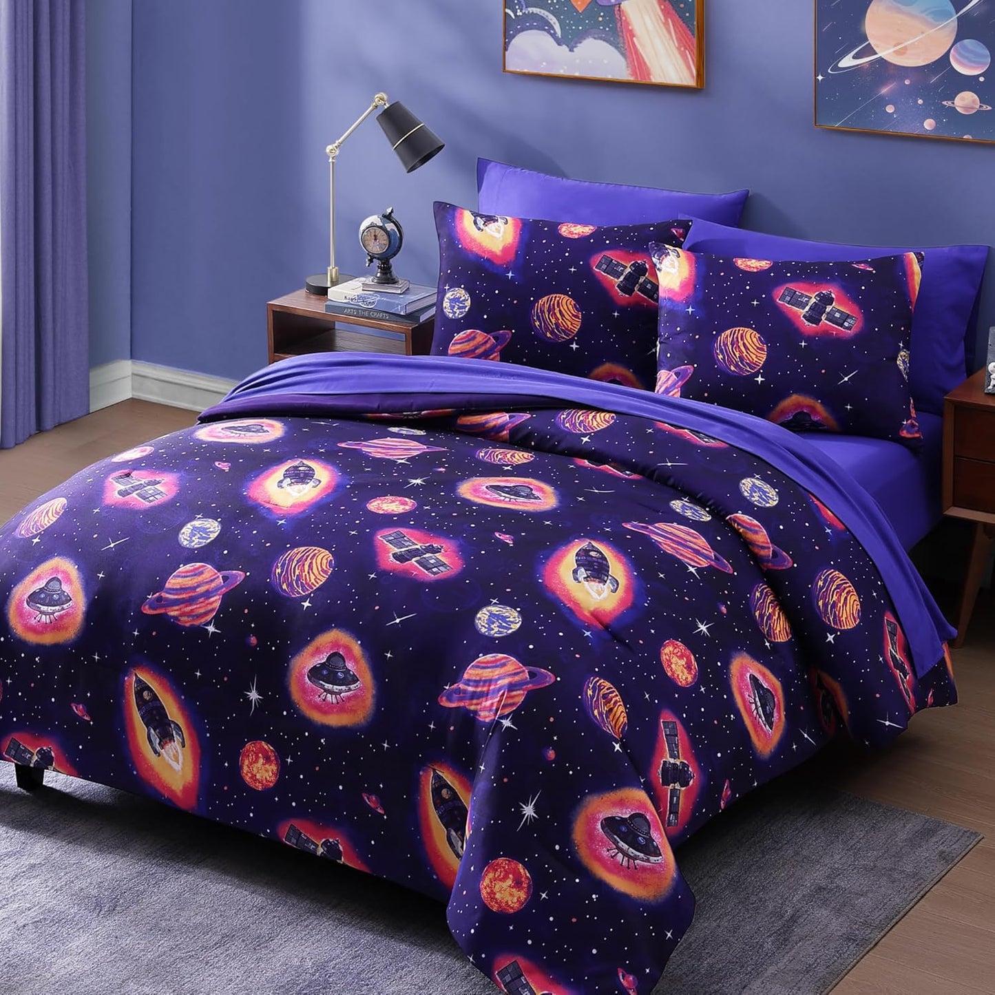 Full Size Comforter Set for Boys-7 Pieces Space Rocket Full Bedding Sets for Kids, Ultra Soft Bed in A Bag with Sheets