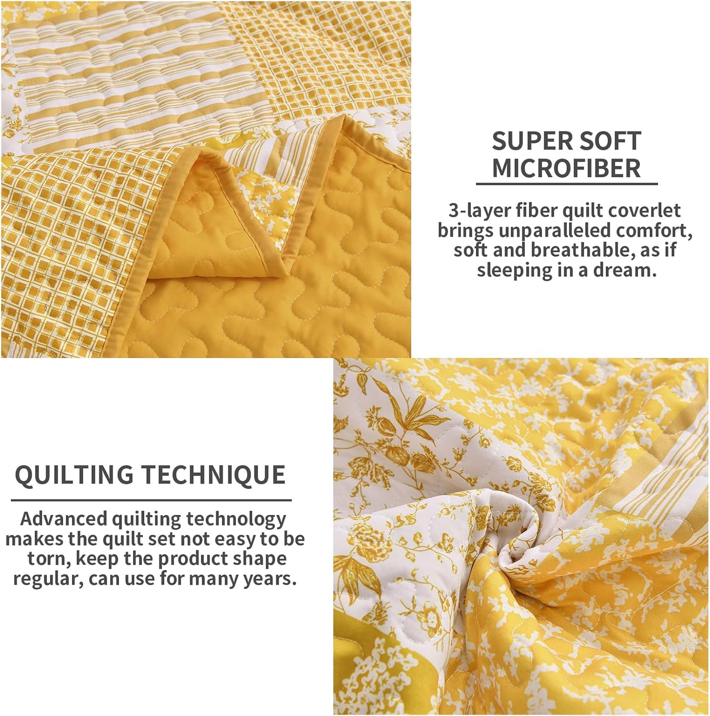Mybedsoul Yellow Boho Quilt Set Queen Size,3 Pieces Plaid Floral Bedspread Coverlet Set Summer,Patchwork Reversible Bedding Set Queen 90"x96"