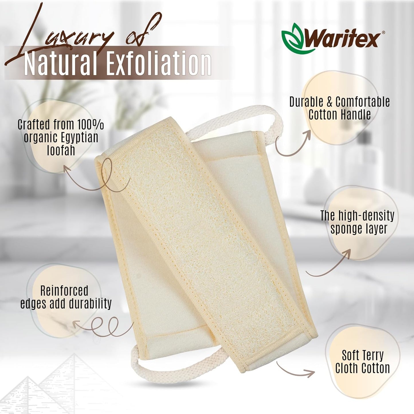 Waritex Natural Egyptian Loofah Back Scrubber for Shower, Extra-Long Exfoliating Strap Made with Natural Egyptian Loofah Fibers, Deep Cleaning Body Sponge for Men and Women – Soft Cotton Handles