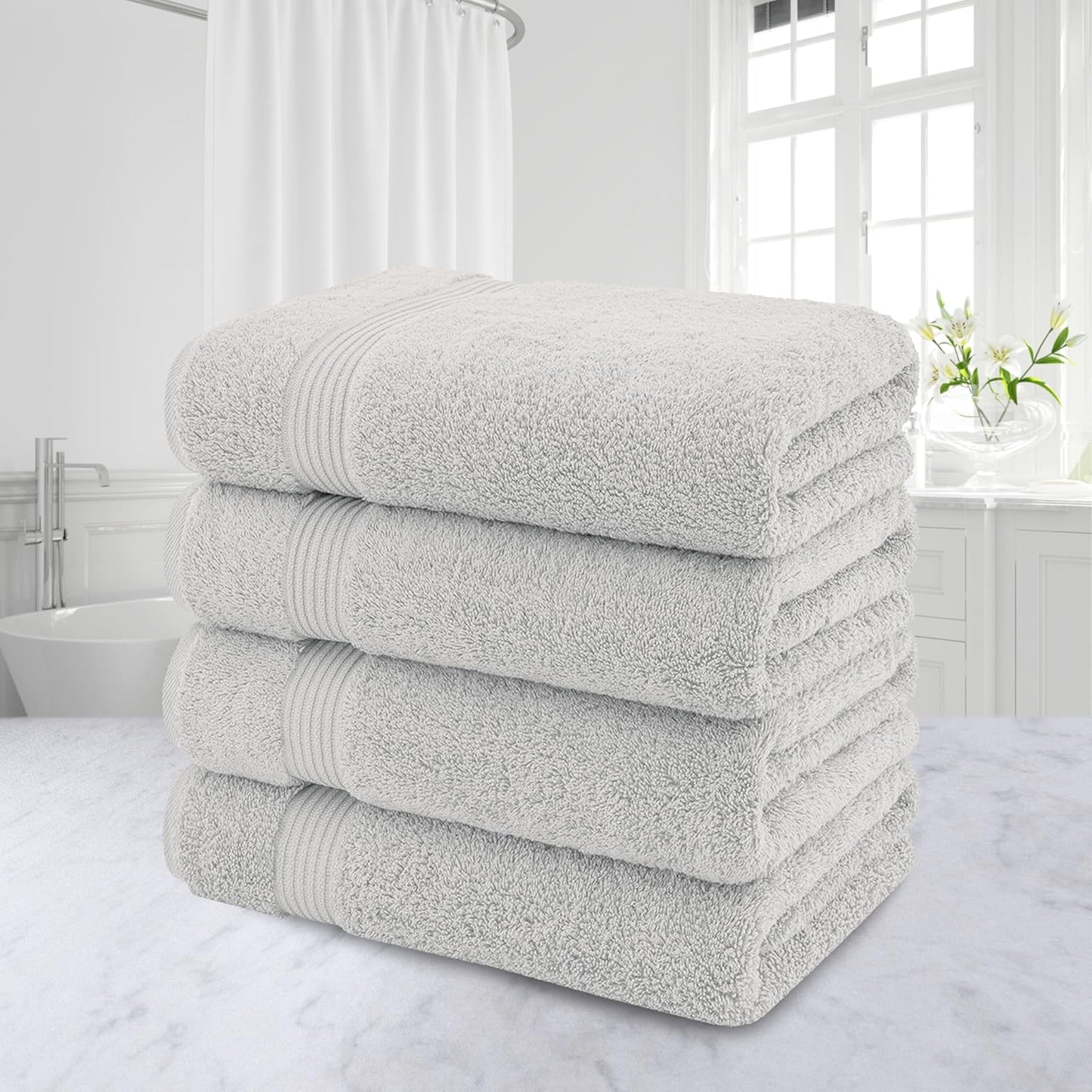 American Veteran Towel, 100% Cotton Turkish Bath Towels for Bathroom 4 Pack, 27x54 Extra Large Premium Soft Drying Bathroom Towels, Silver Grey