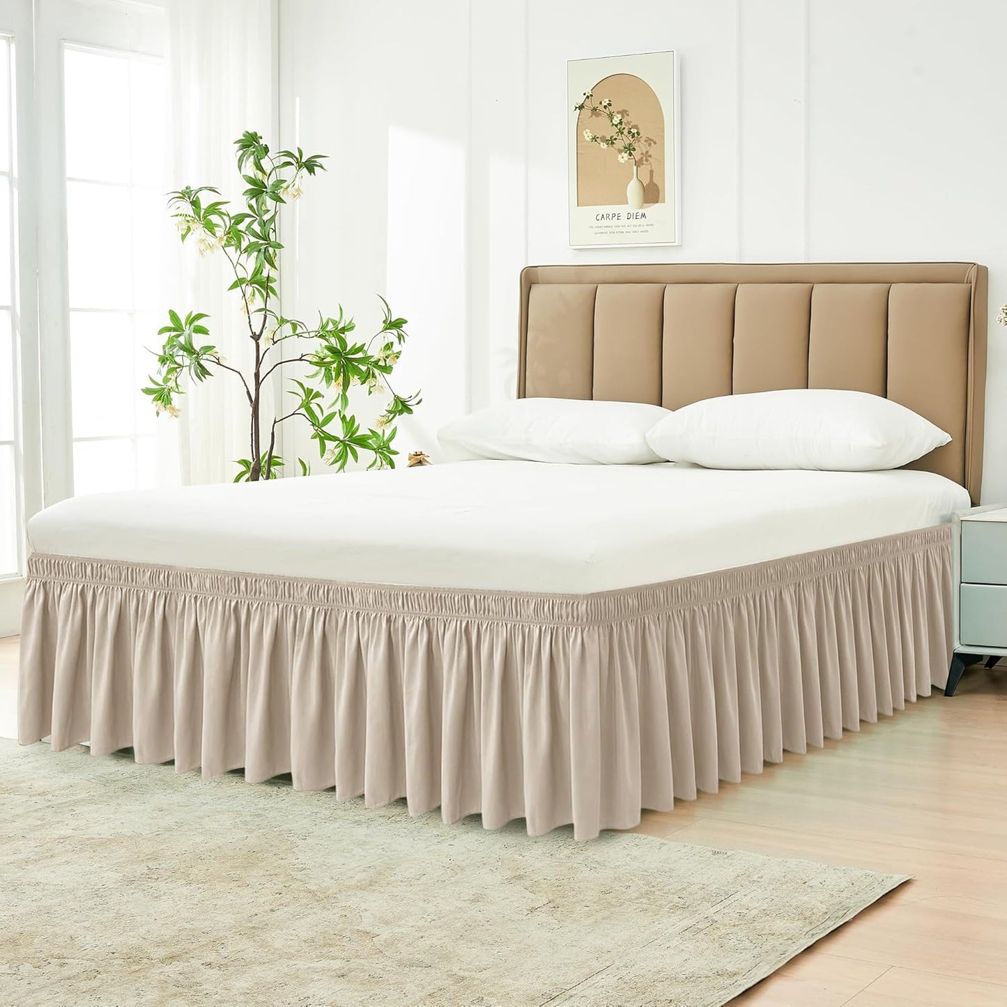 Biscaynebay Wrap Around Bed Skirts for Full & Full XL Beds 18" Long Drop, Light Camel Elastic Dust Ruffles Easy Fit Wrinkle and Fade Resistant Silky Luxurious Fabric Solid Machine Washable