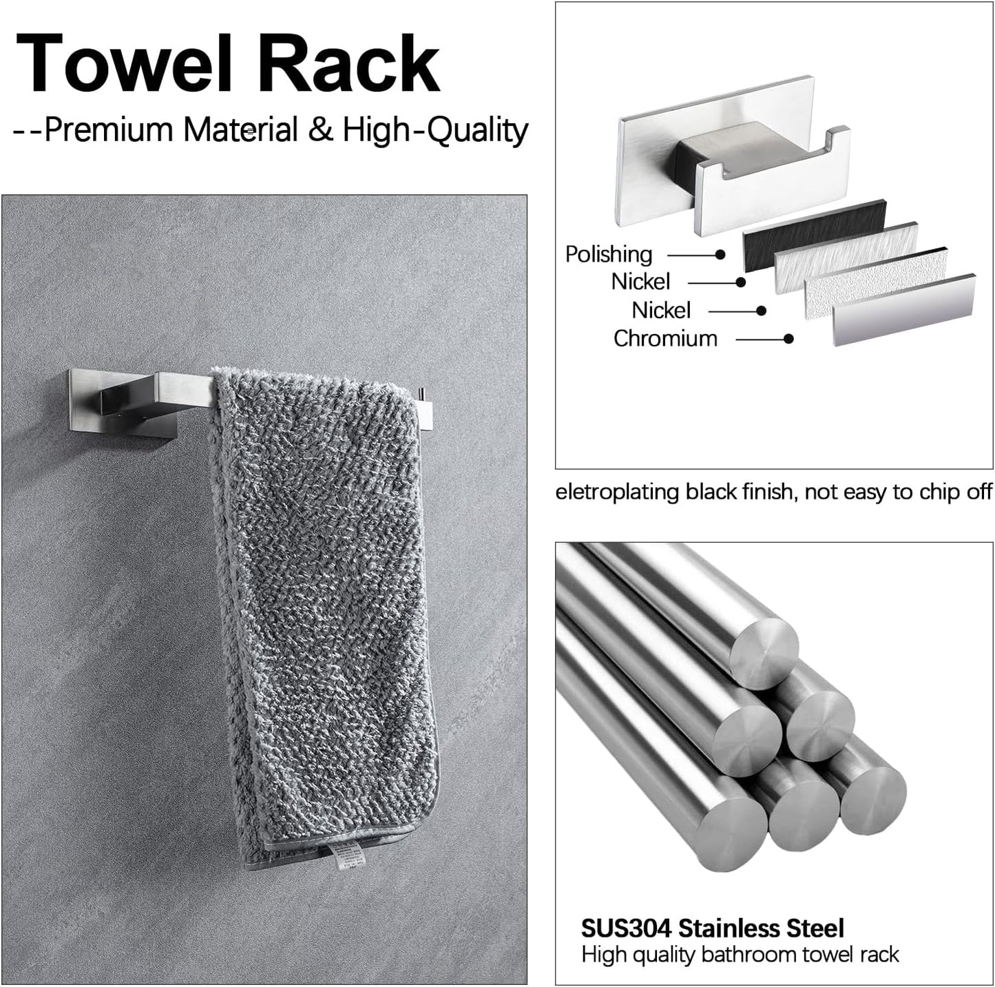 4-Pieces Bathroom Hardware Accessories Set, Towel Rack Towel Bar Toilet Paper Holder Towel Hook Self Adhesive Stainless Steel Towel Rack Set for Bathroom Wall Mounted, Brushed Nickel, 16 Inch